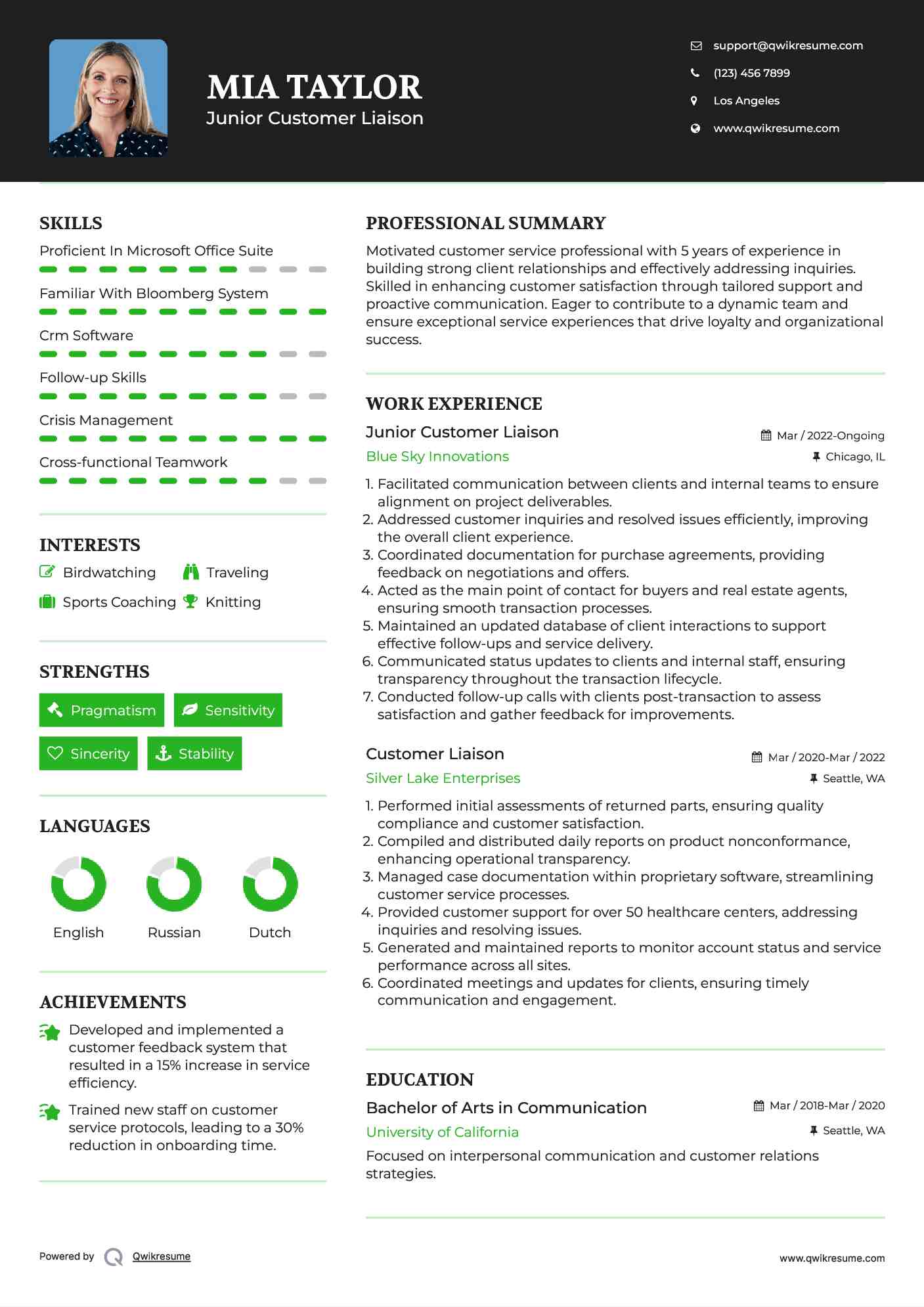 Junior Customer Liaison Resume Example