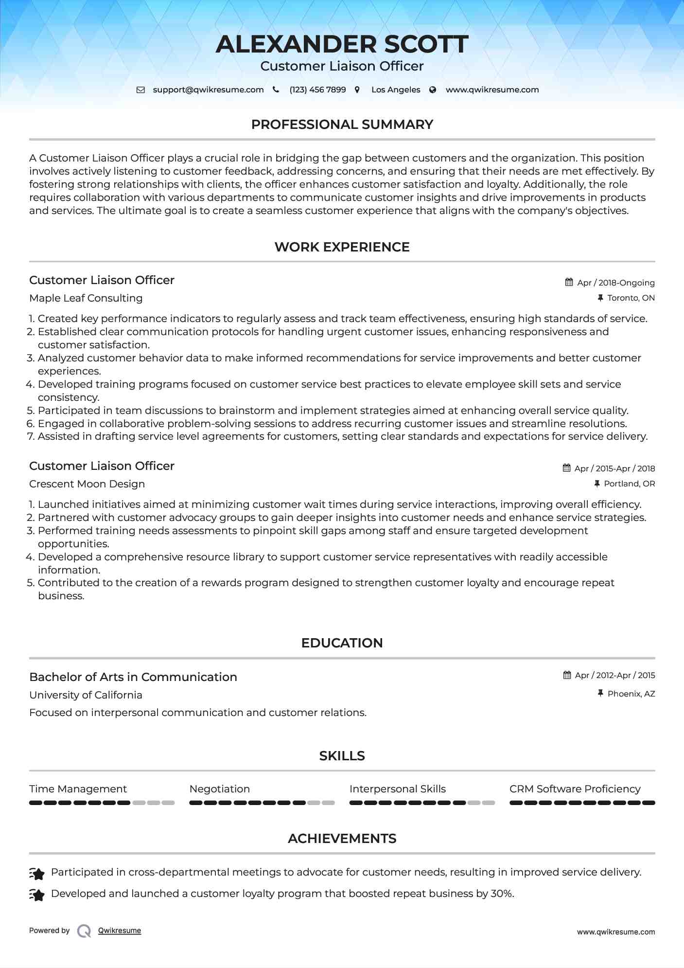 Customer Liaison Officer Resume Example