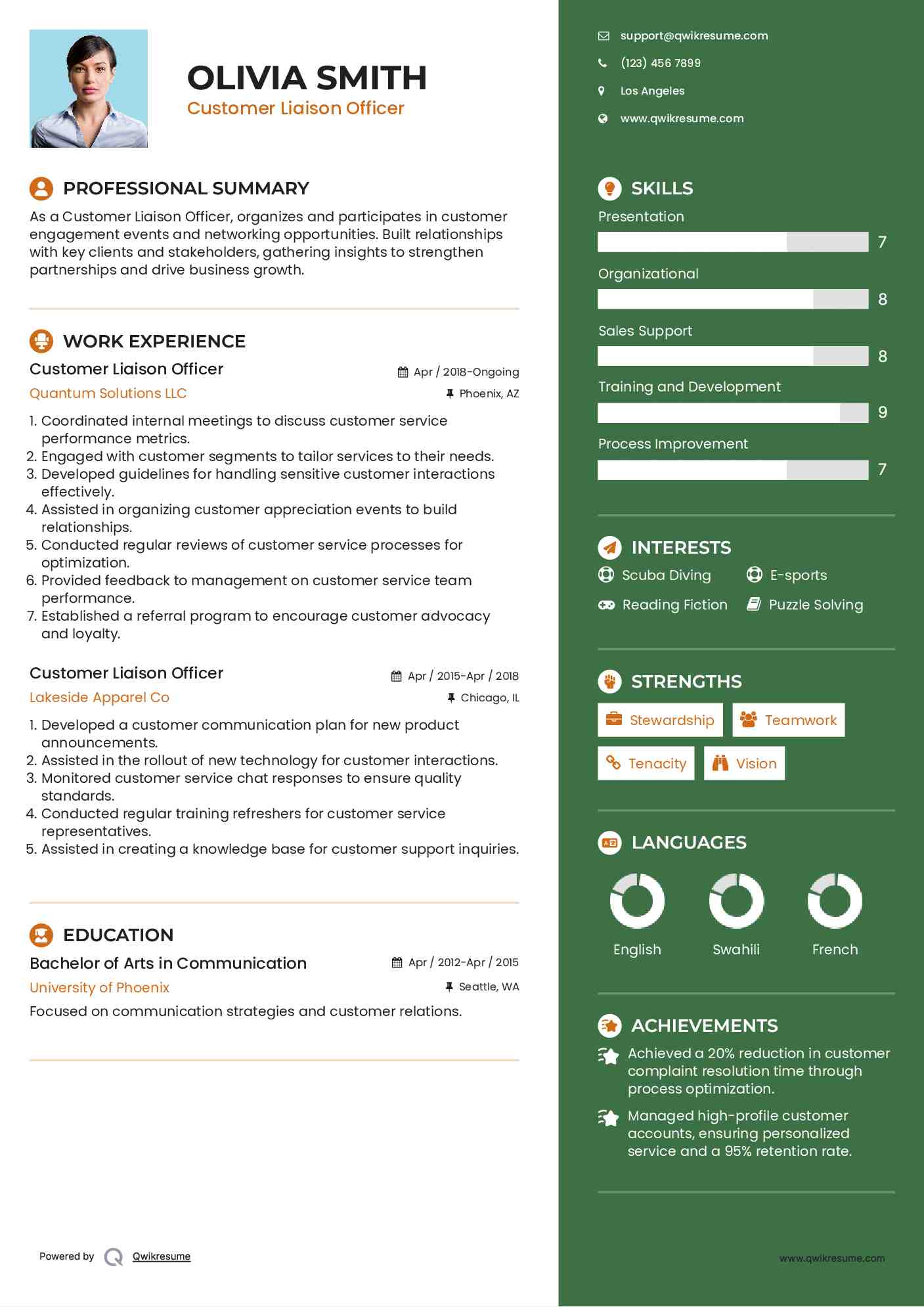 Customer Liaison Officer Resume Example