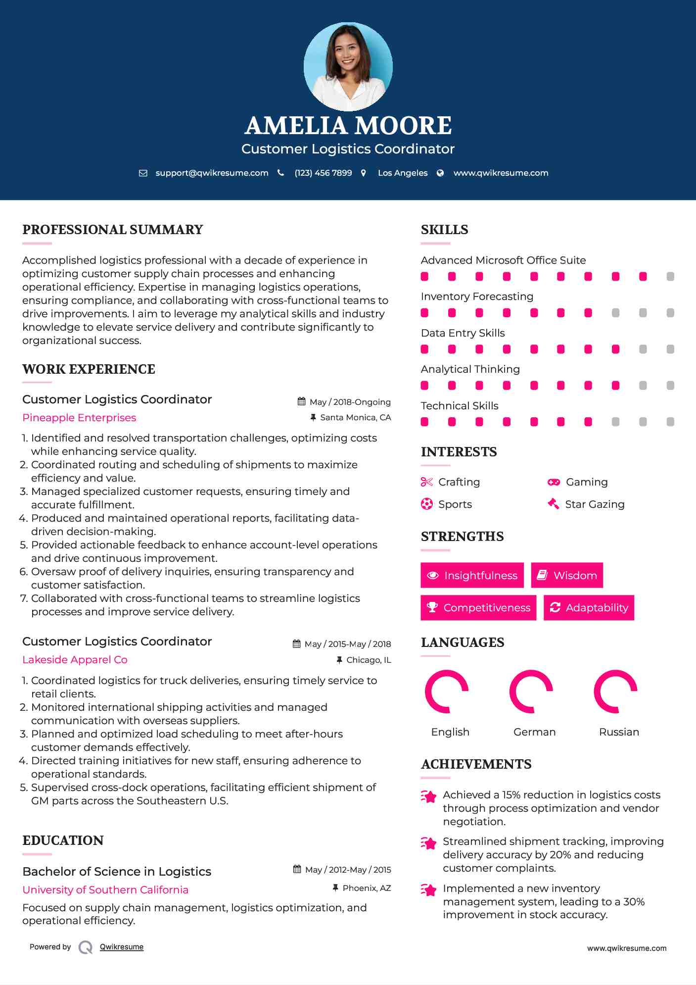 Customer Logistics Coordinator Resume Sample