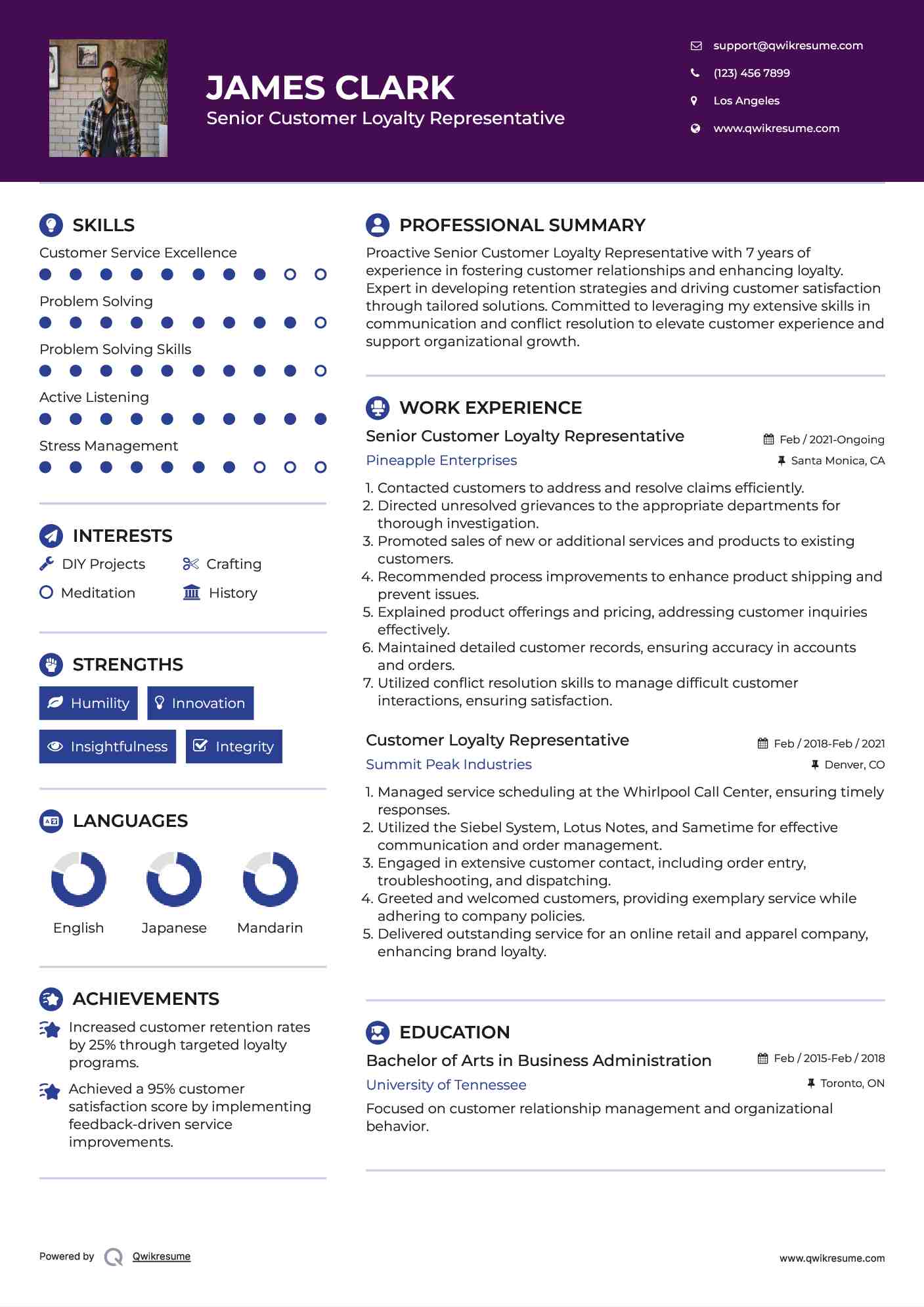 Senior Customer Loyalty Representative Resume Sample