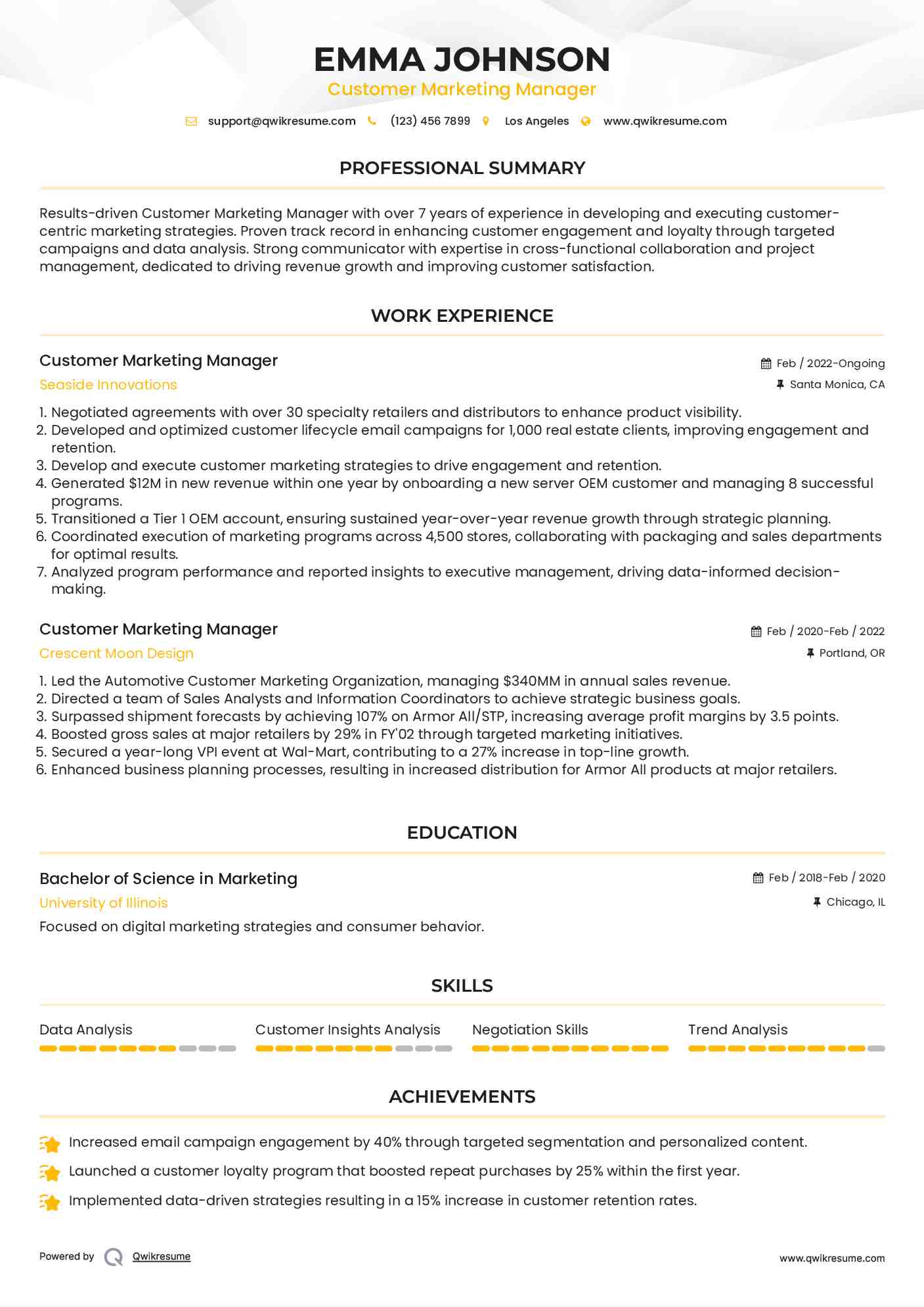 Customer Marketing Manager Resume Sample