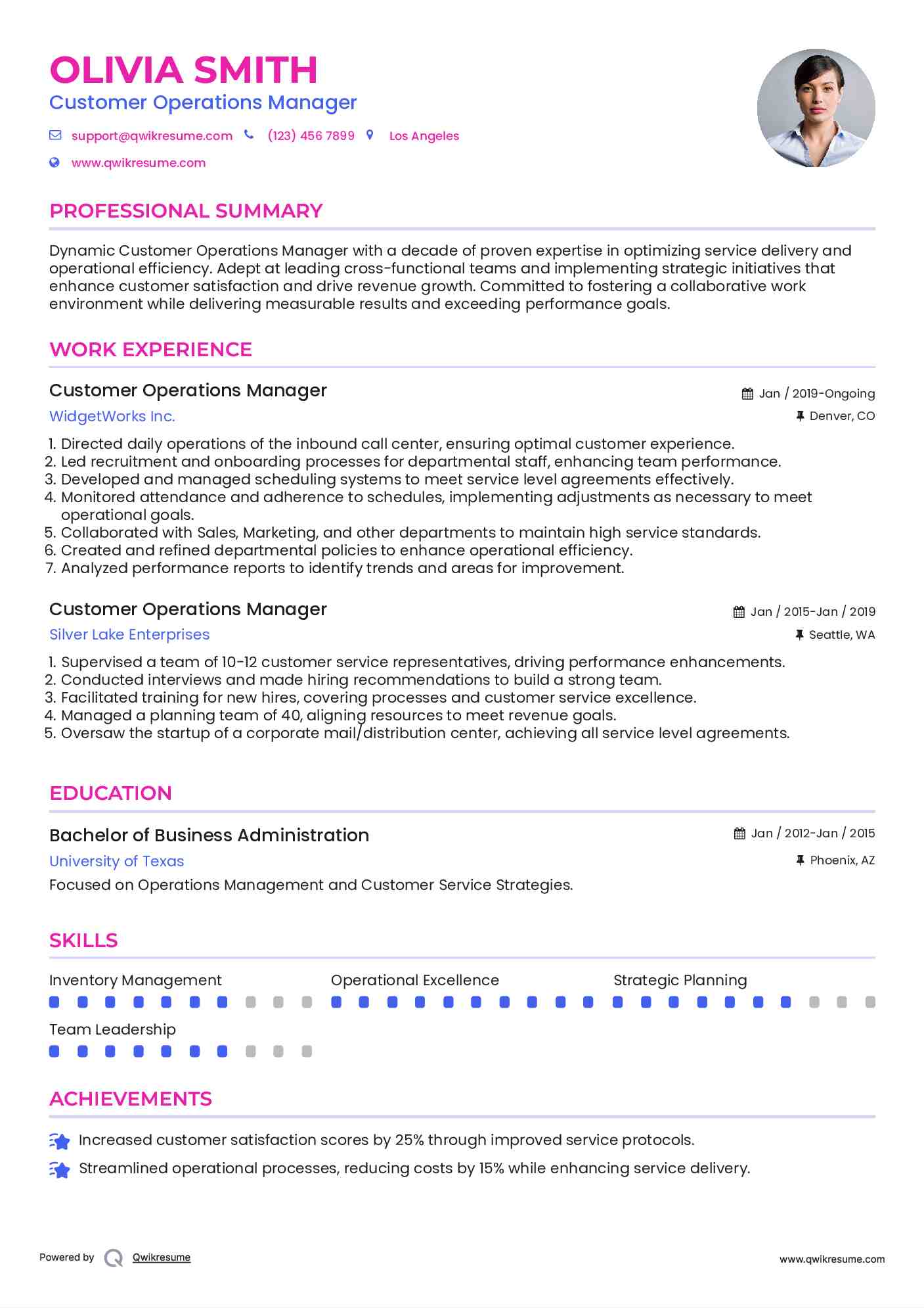Customer Operations Manager Resume Model