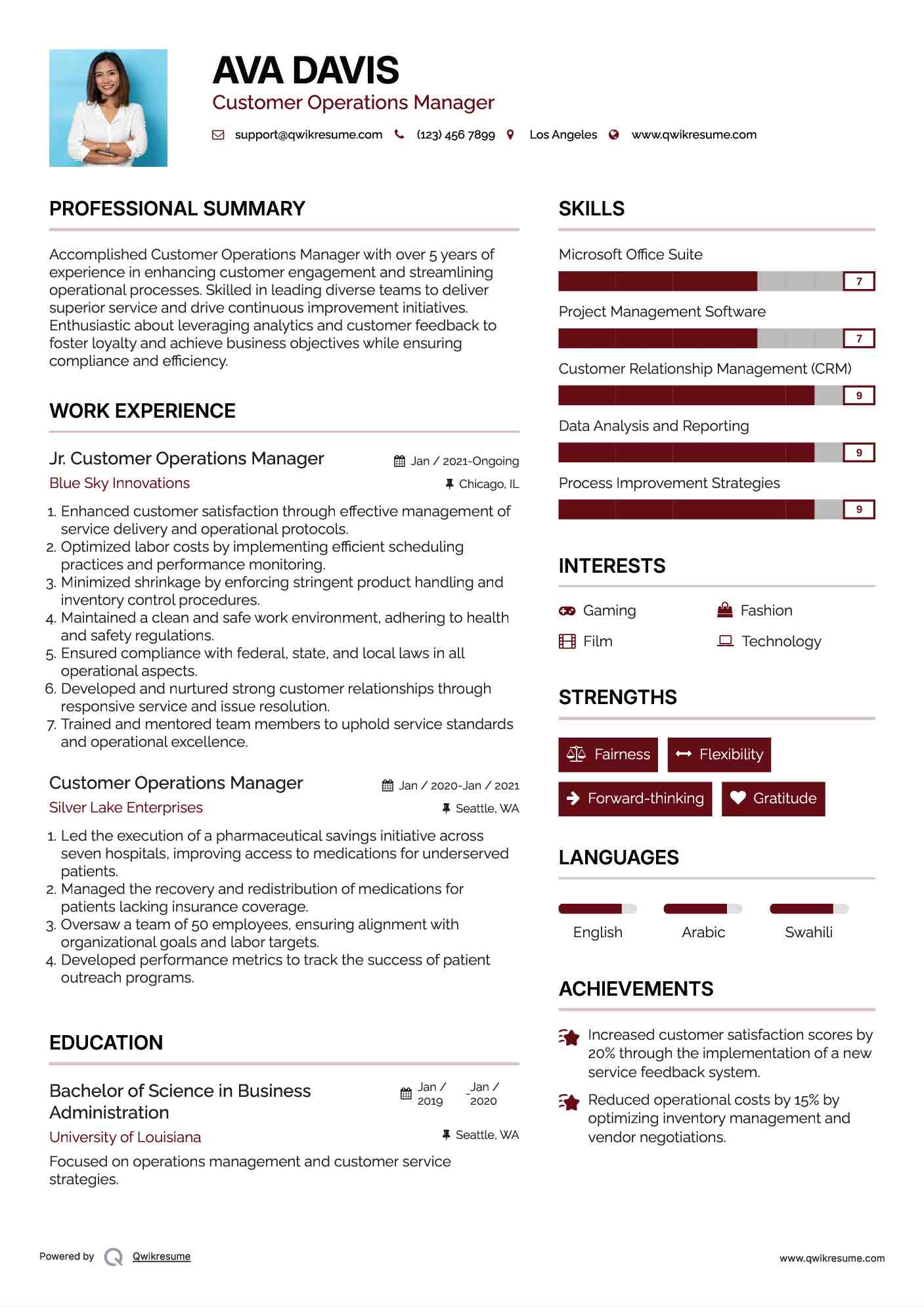 Jr. Customer Operations Manager Resume Format
