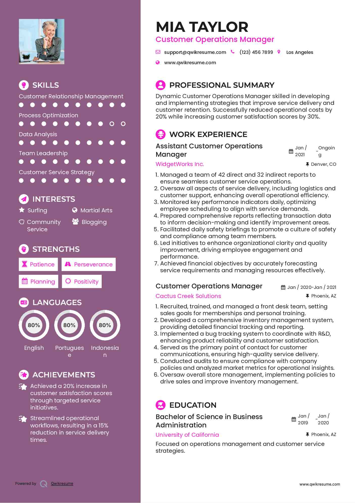 Assistant Customer Operations Manager Resume Model