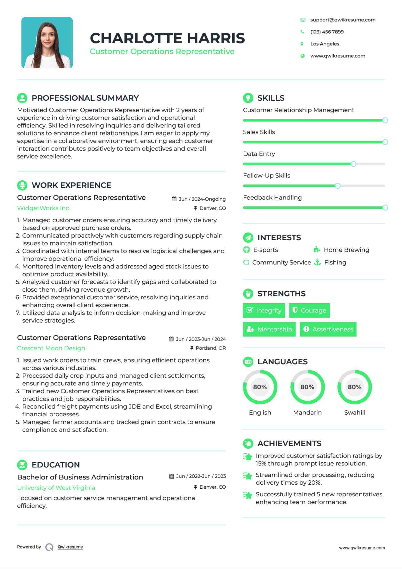 Customer Operations Representative Resume Template