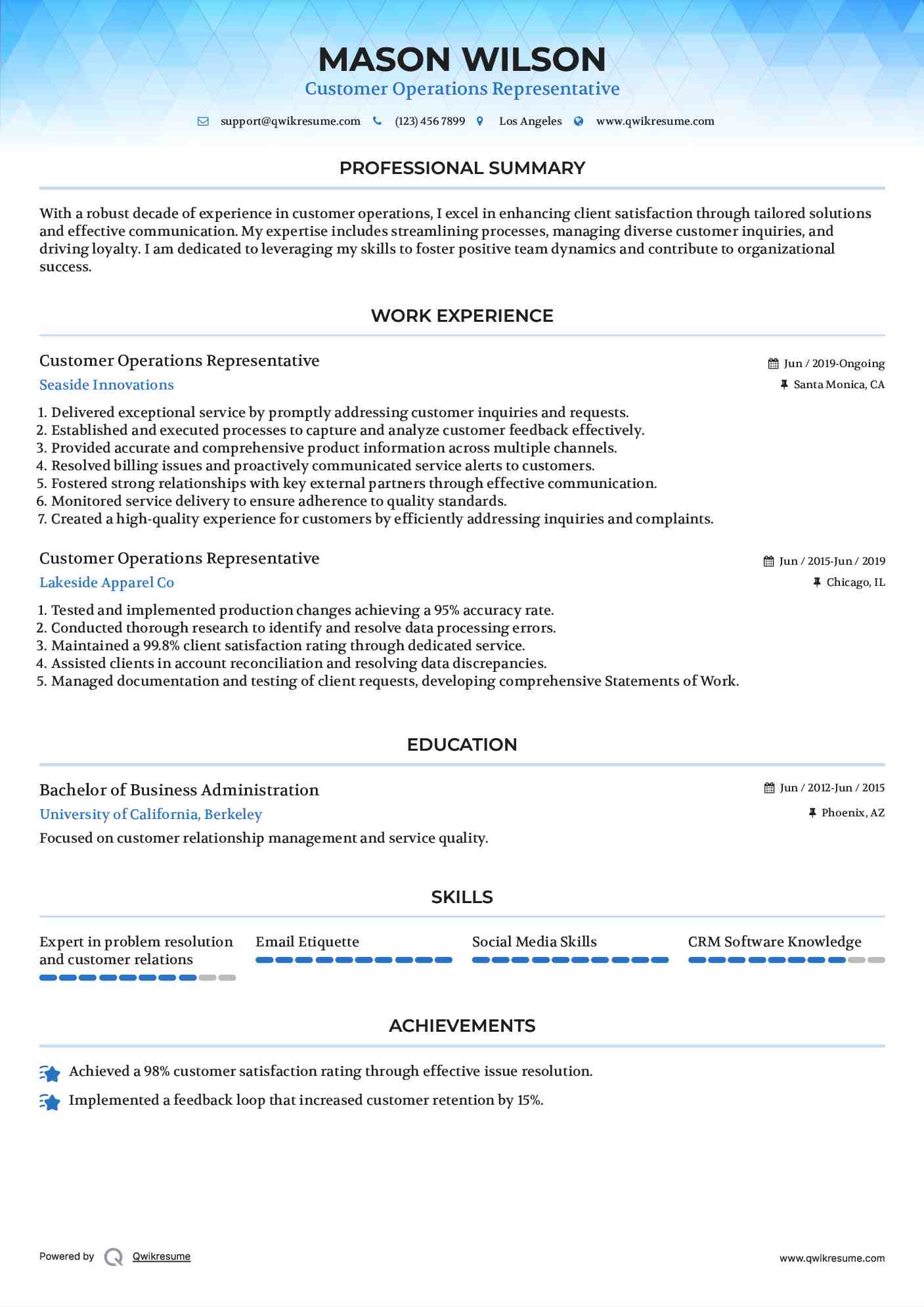 Customer Operations Representative Resume Format
