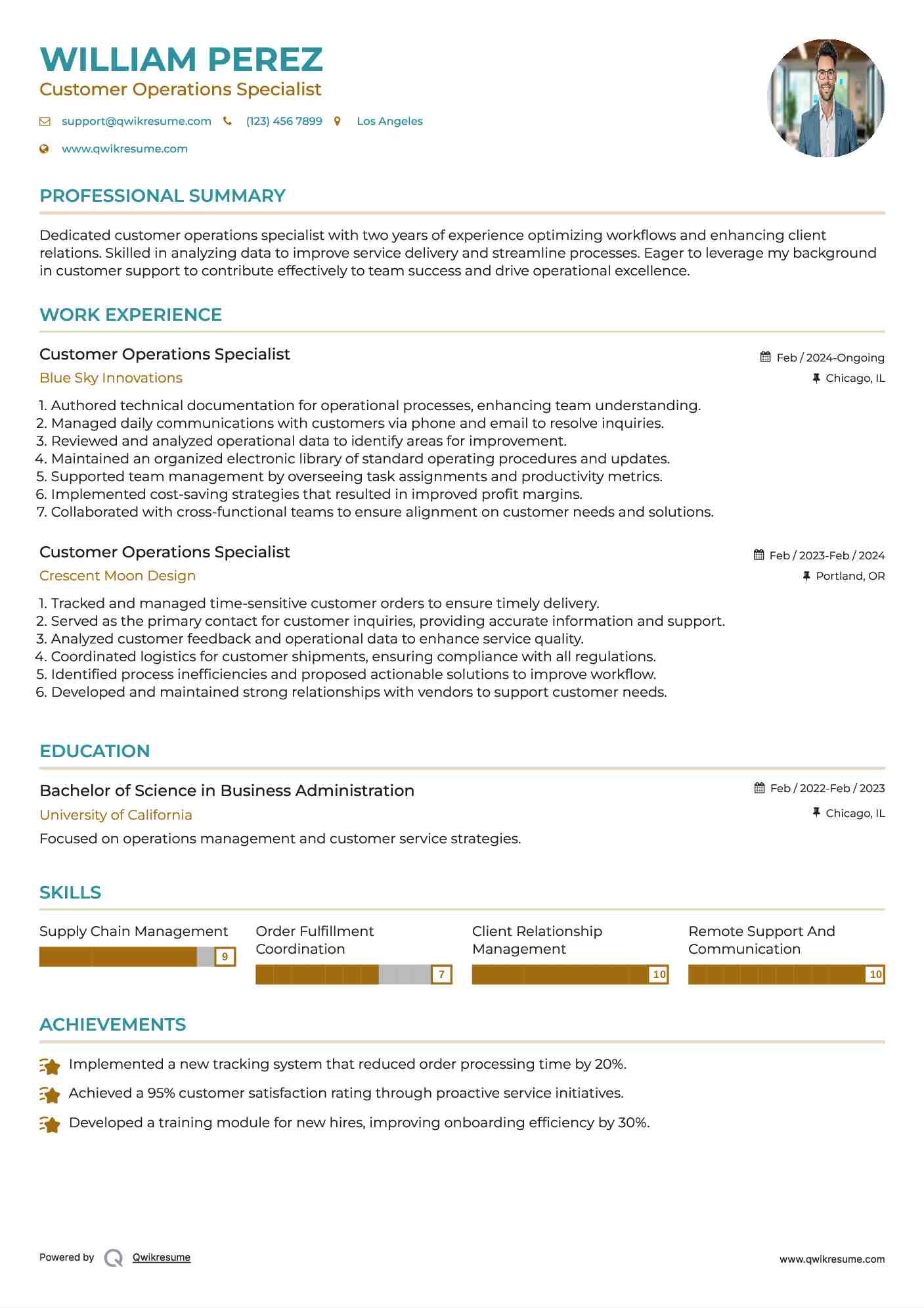 Customer Operations Specialist Resume Model