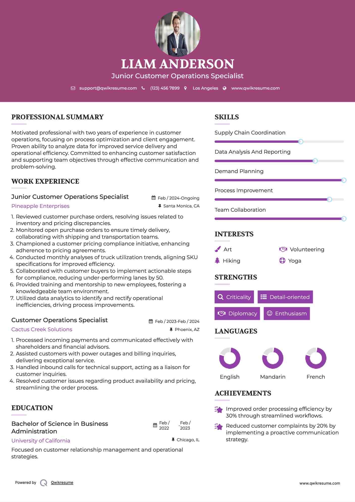 Junior Customer Operations Specialist Resume Sample