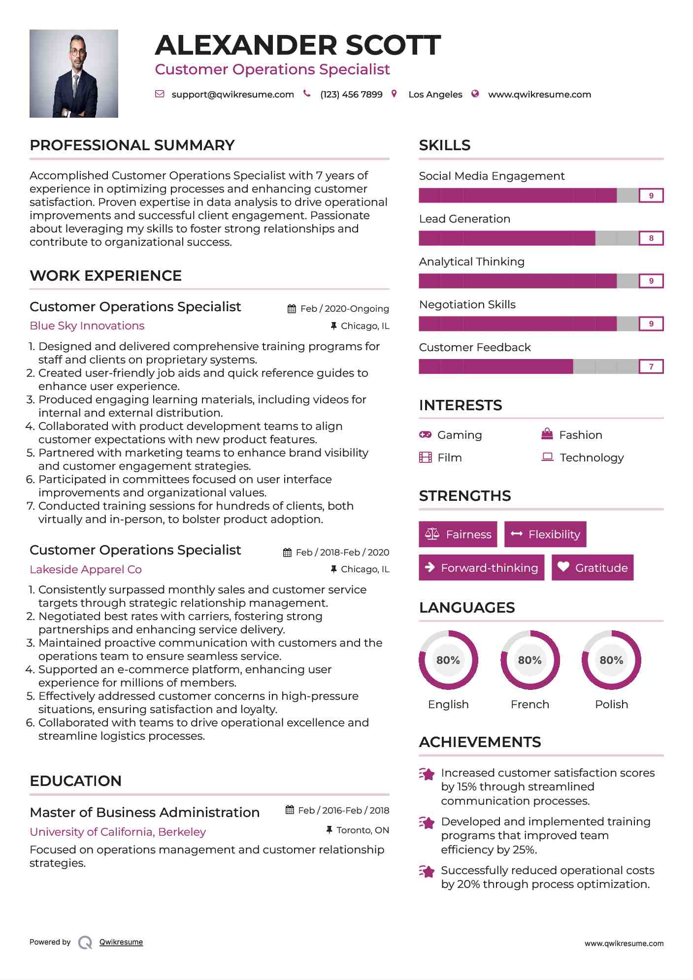 Customer Operations Specialist Resume Example