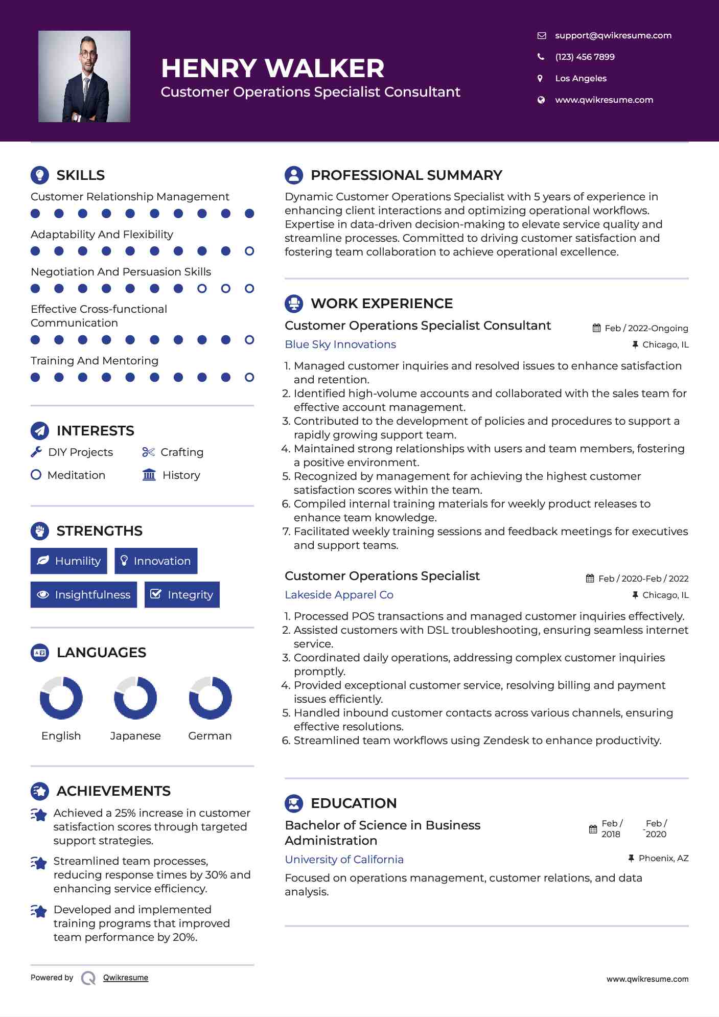 Customer Operations Specialist Consultant Resume Sample