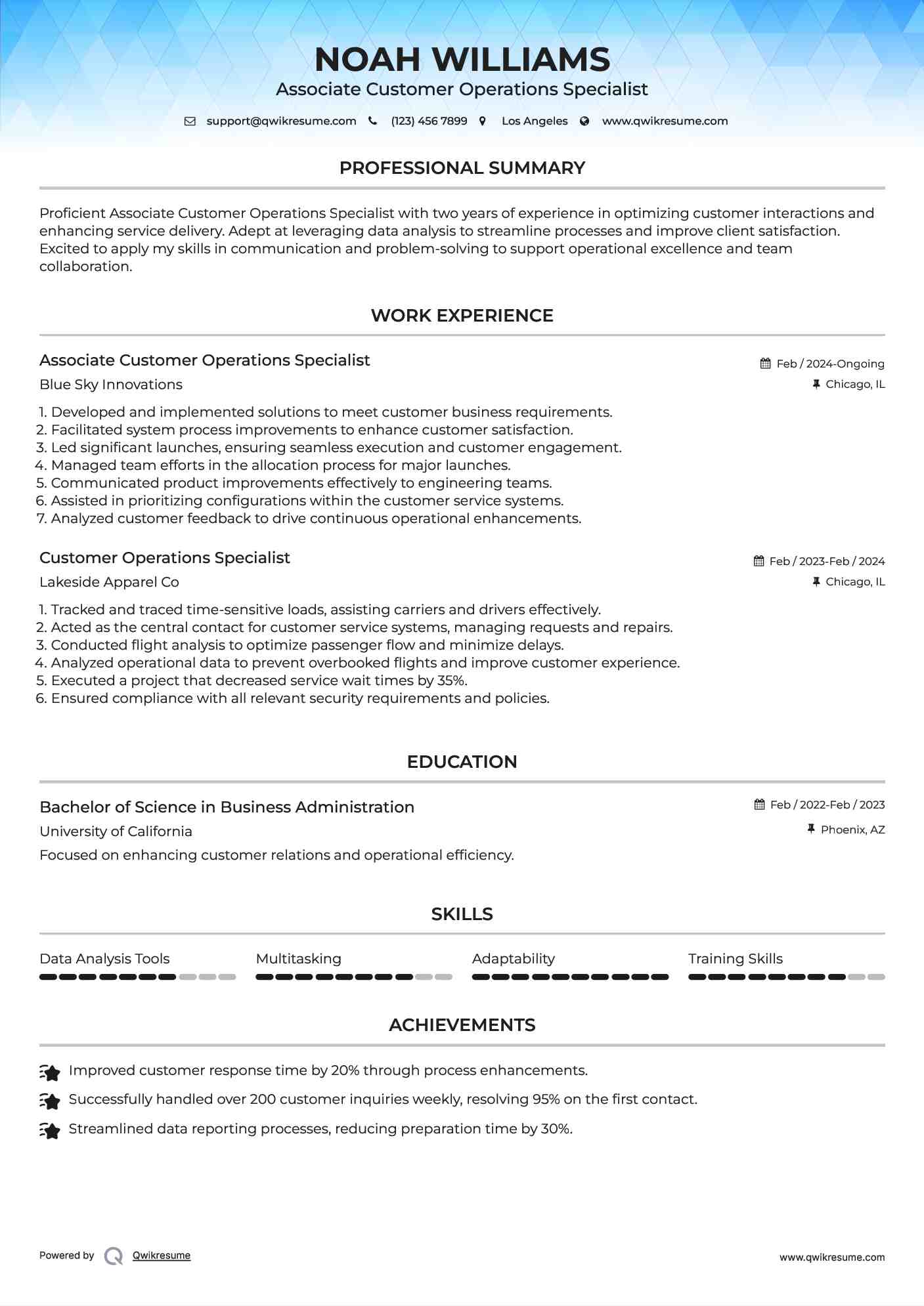 Associate Customer Operations Specialist Resume Example