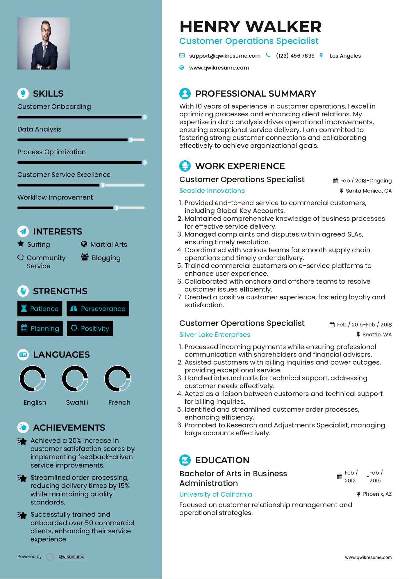 Customer Operations Specialist Resume Template