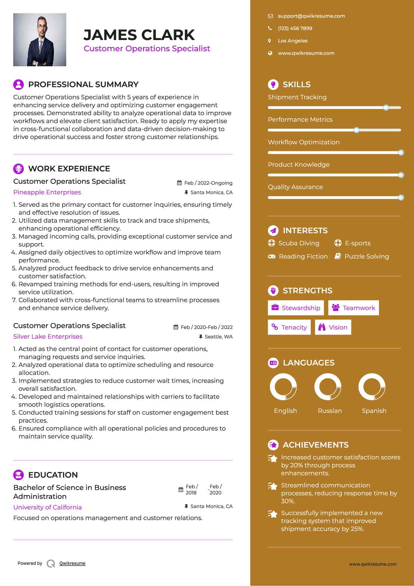 Customer Operations Specialist Resume Model