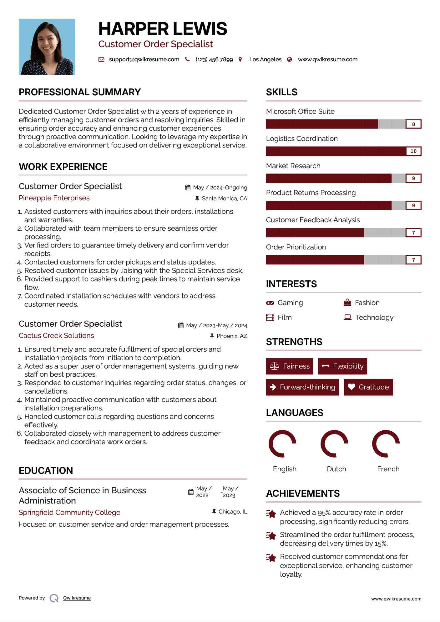 Customer Order Specialist Resume Example
