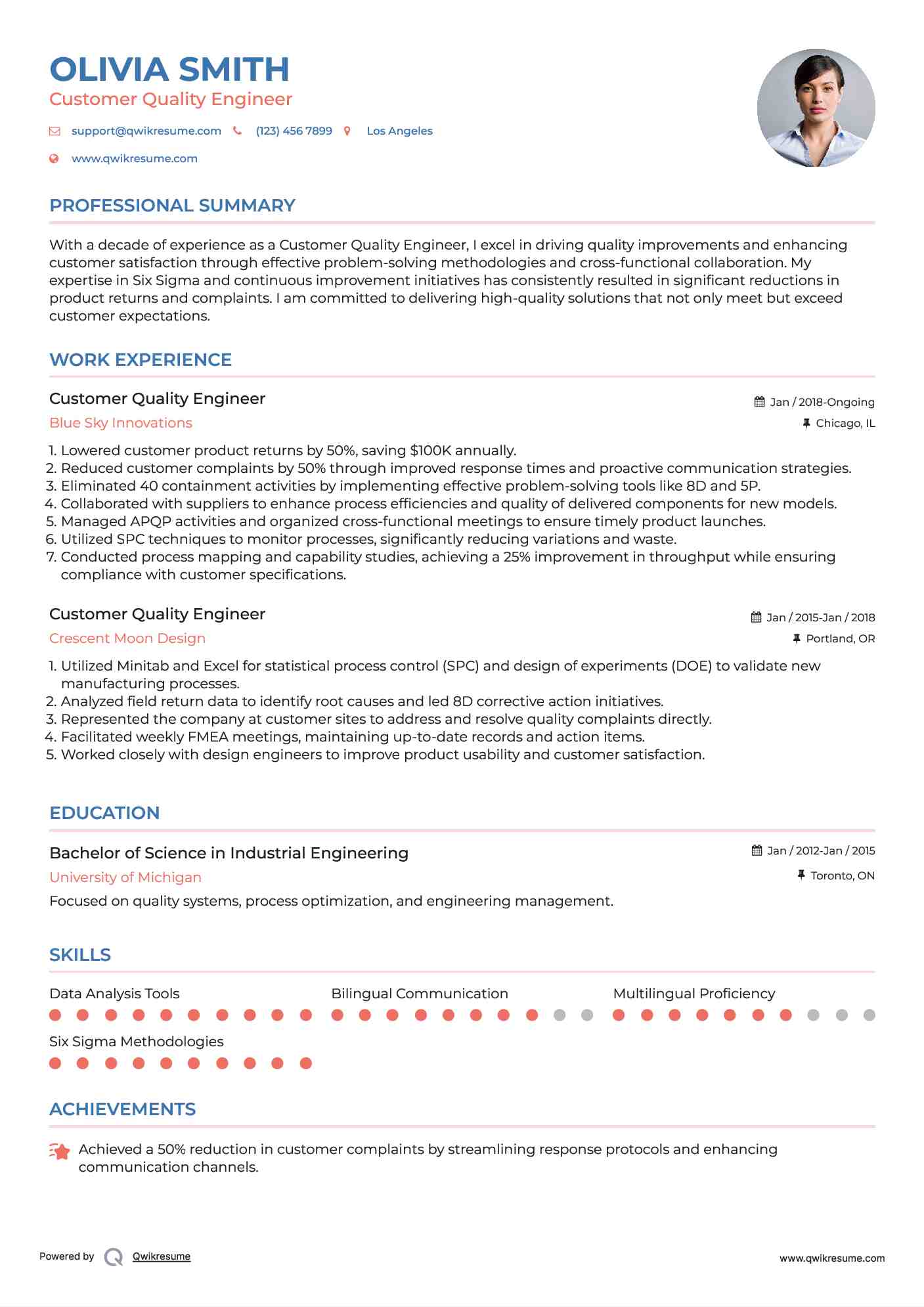 Customer Quality Engineer Resume Model