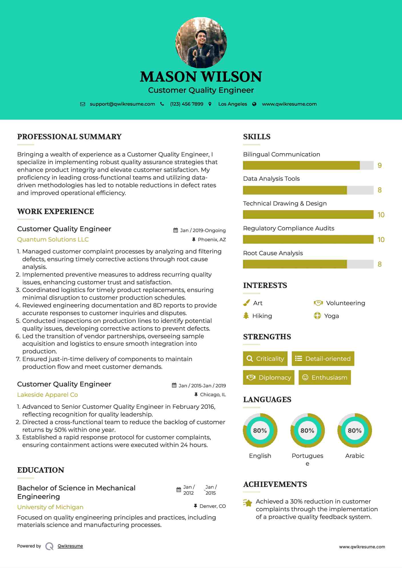 Customer Quality Engineer Resume Template