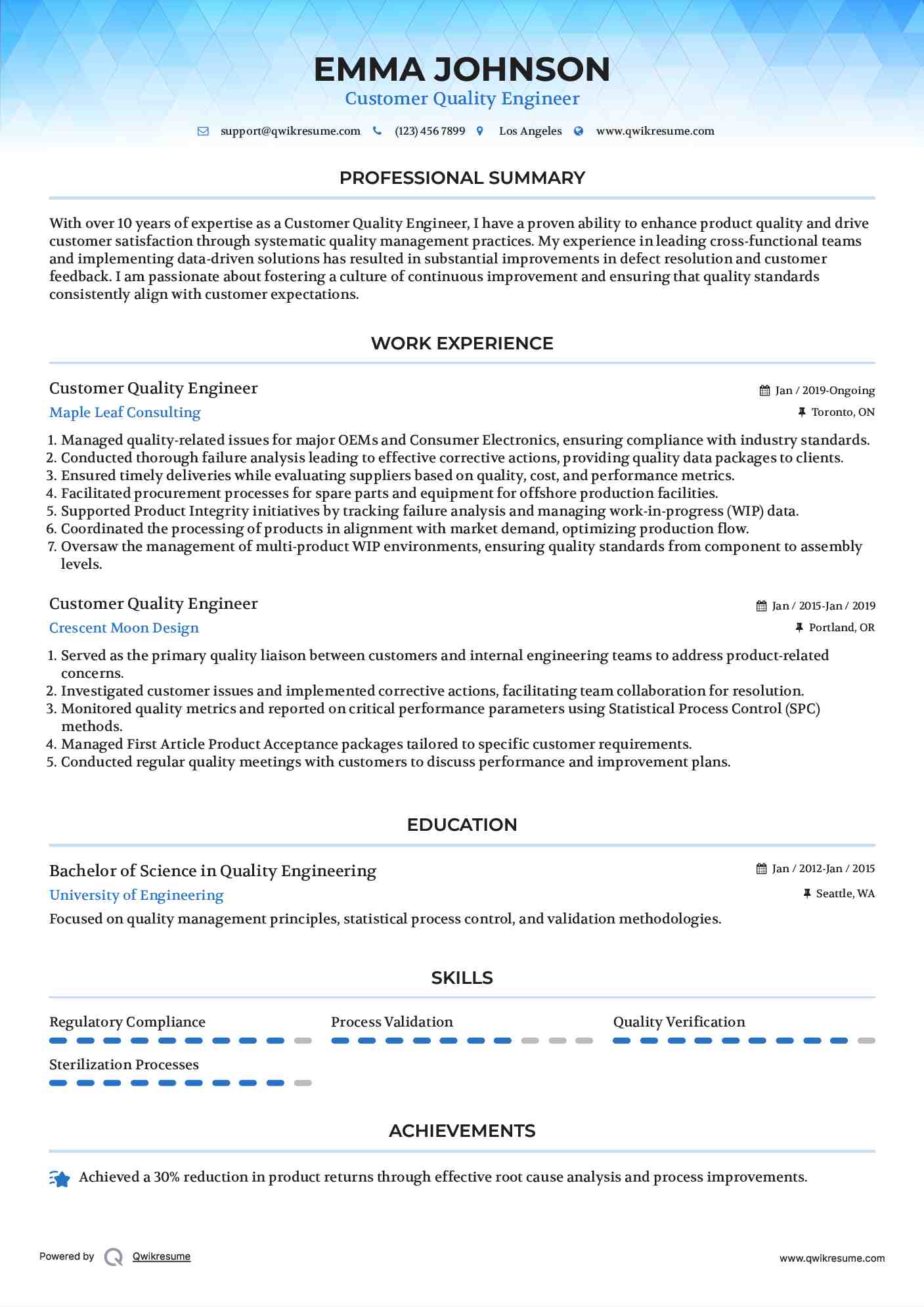 Customer Quality Engineer Resume Format