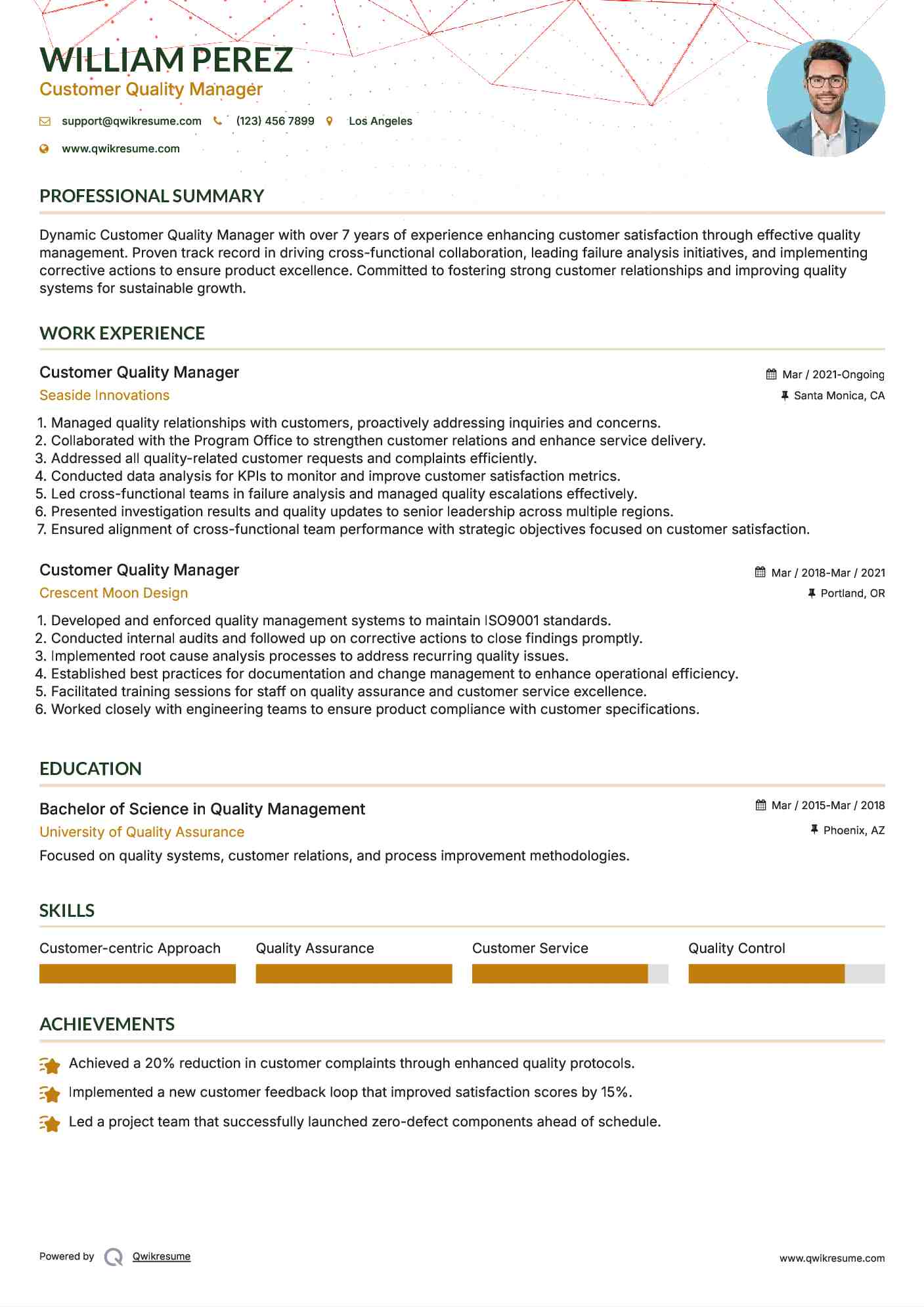 Customer Quality Manager Resume Sample