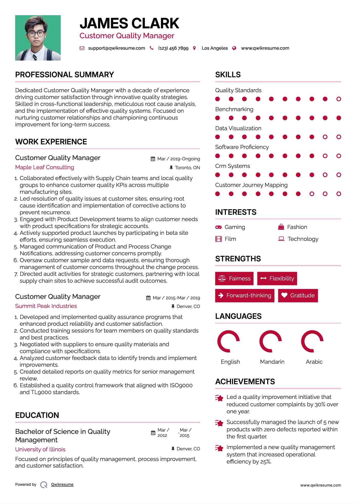 Customer Quality Manager Resume Format