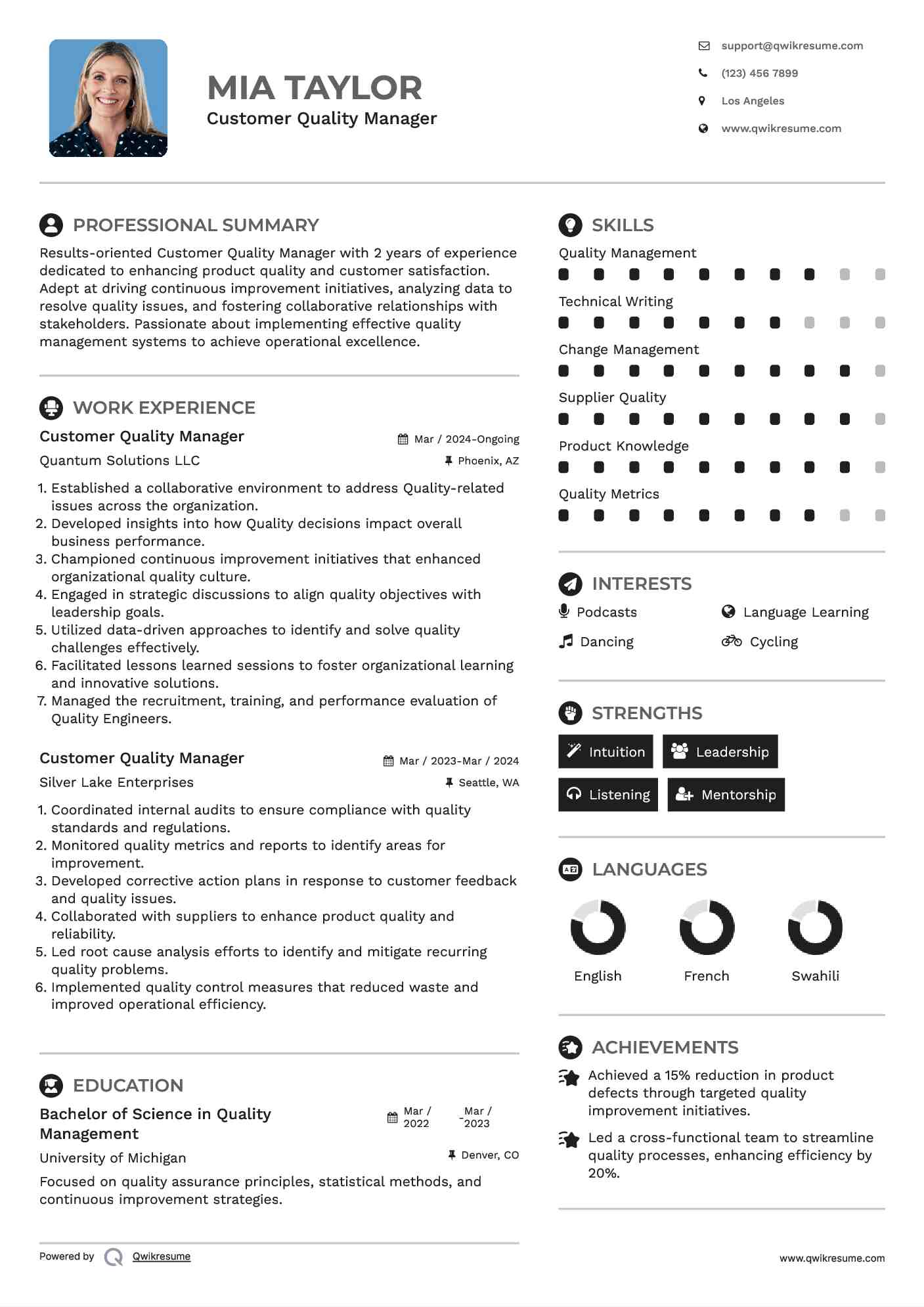 Customer Quality Manager Resume Samples | QwikResume