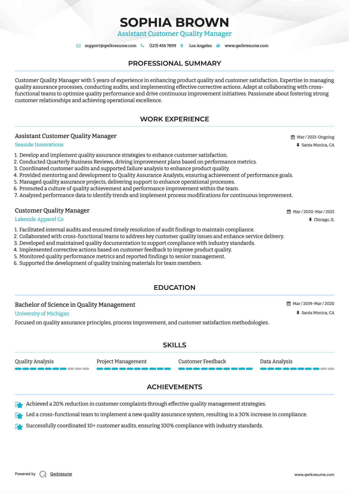 Assistant Customer Quality Manager Resume Template