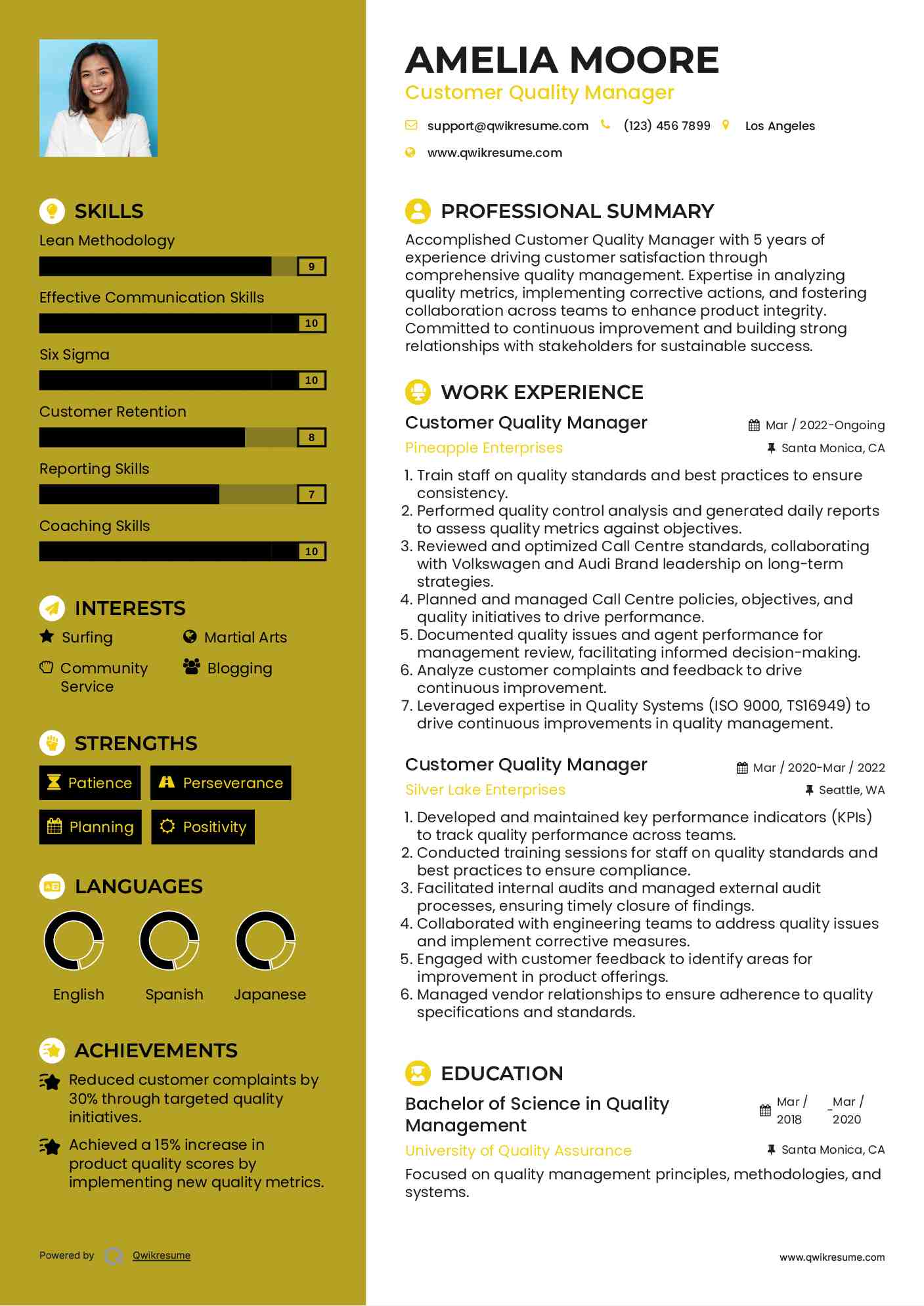 Customer Quality Manager Resume Example