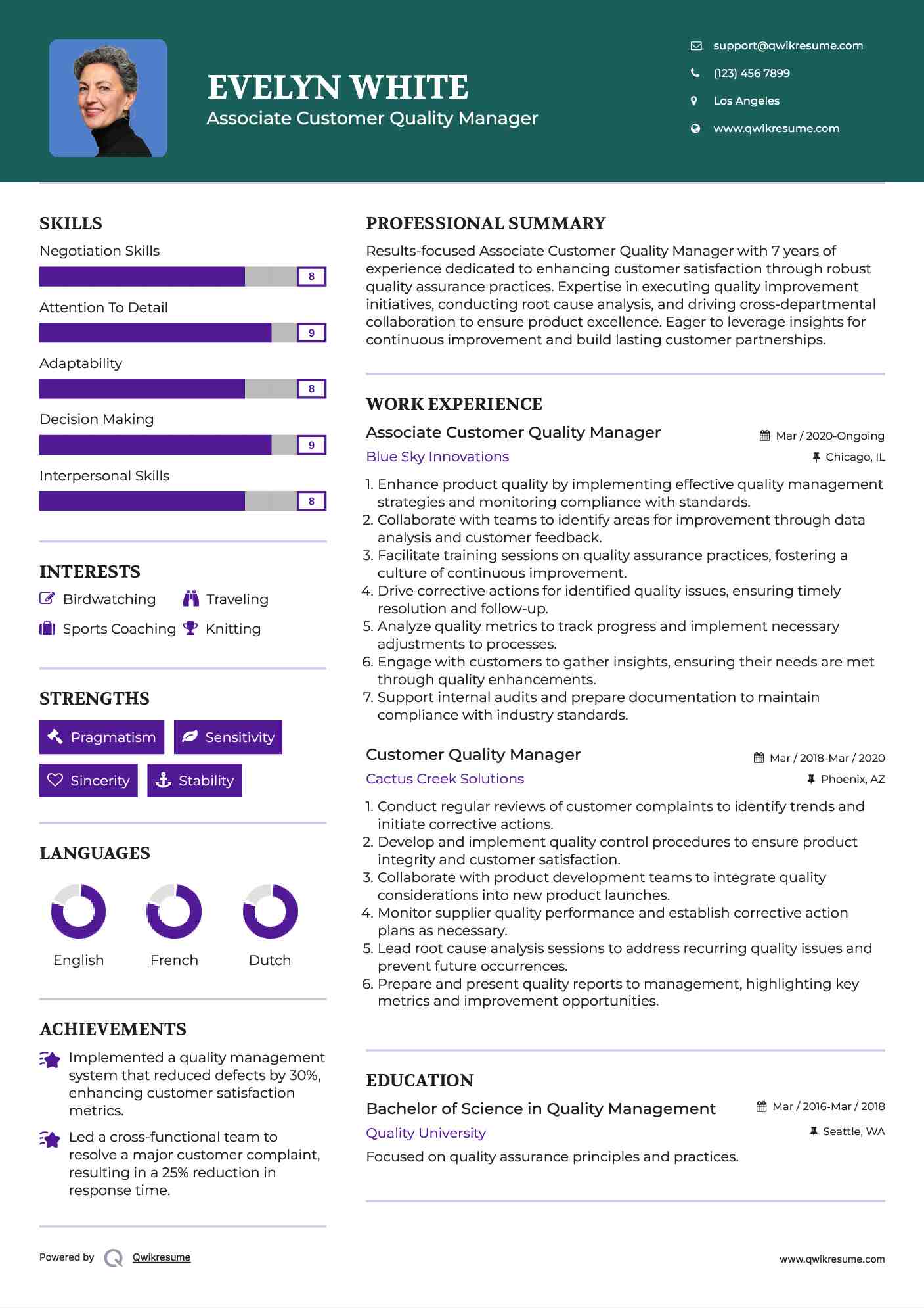 Associate Customer Quality Manager Resume Template
