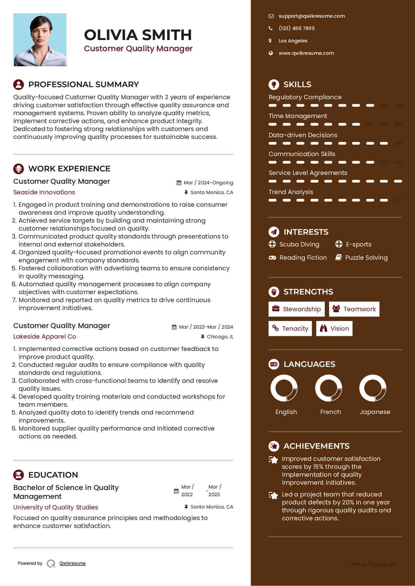 Customer Quality Manager Resume Model