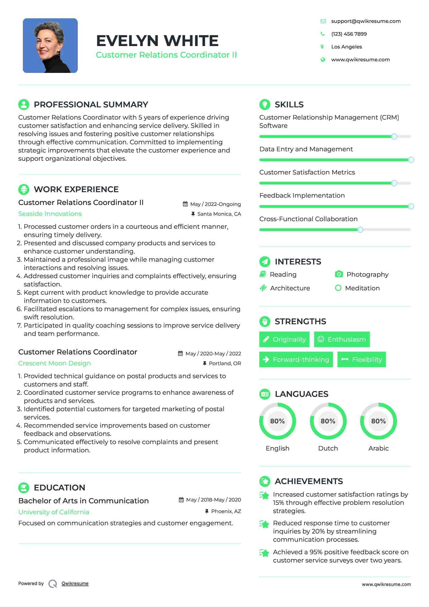 Customer Relations Coordinator II Resume Sample