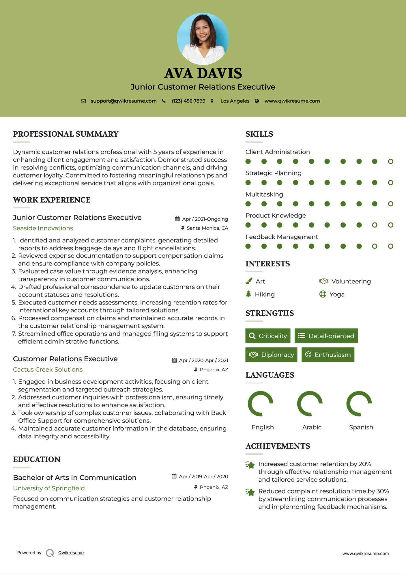 Junior Customer Relations Executive Resume Sample
