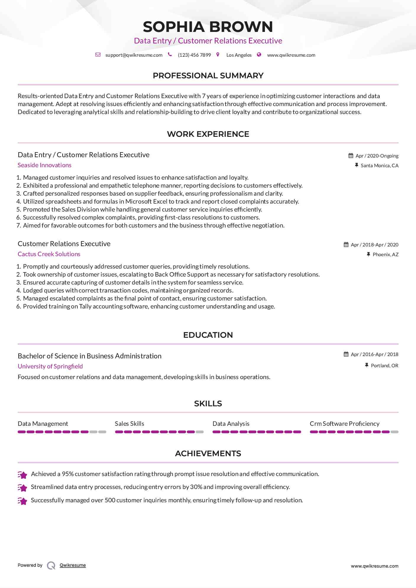 Data Entry / Customer Relations Executive Resume Model