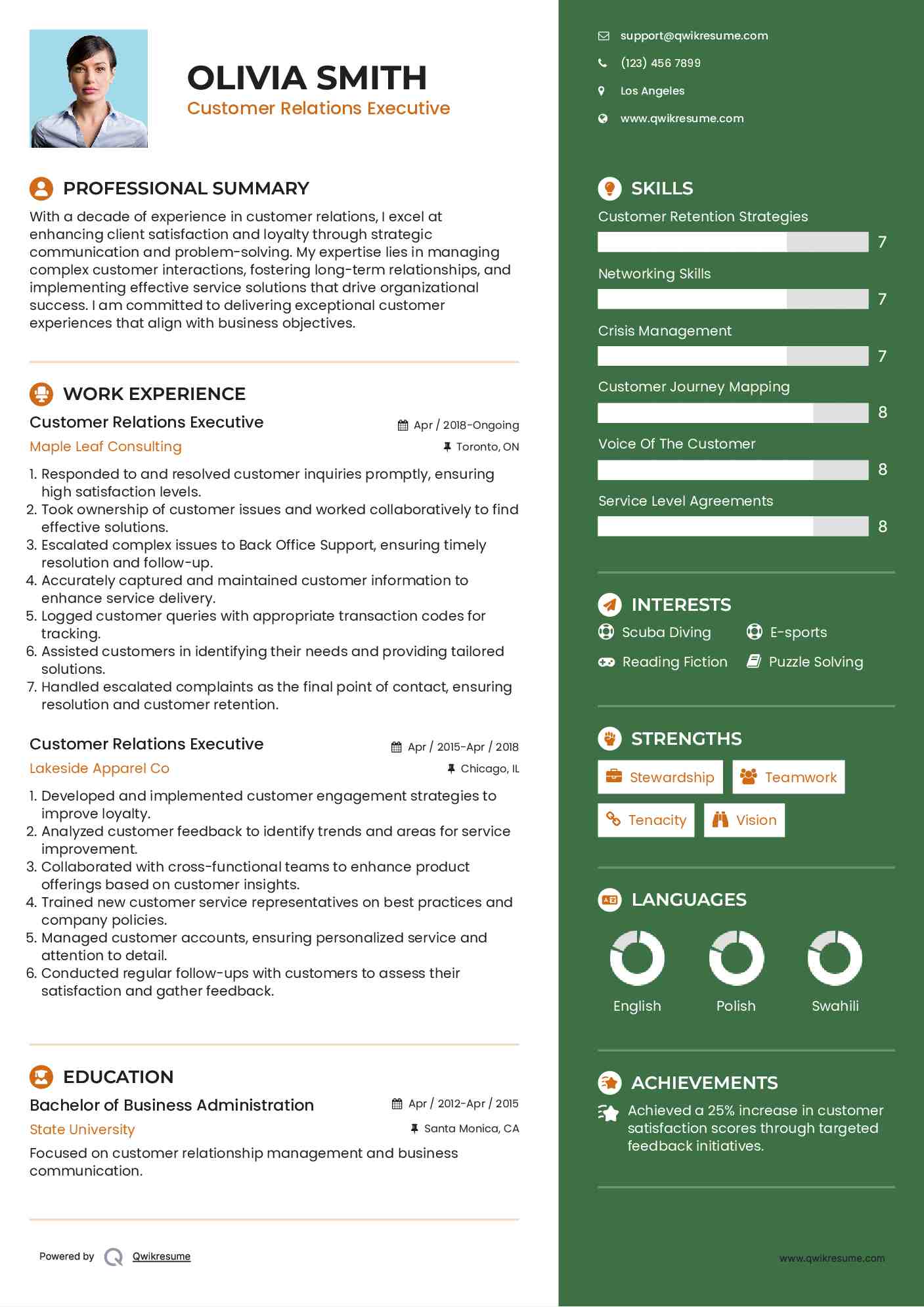 Customer Relations Executive Resume Sample