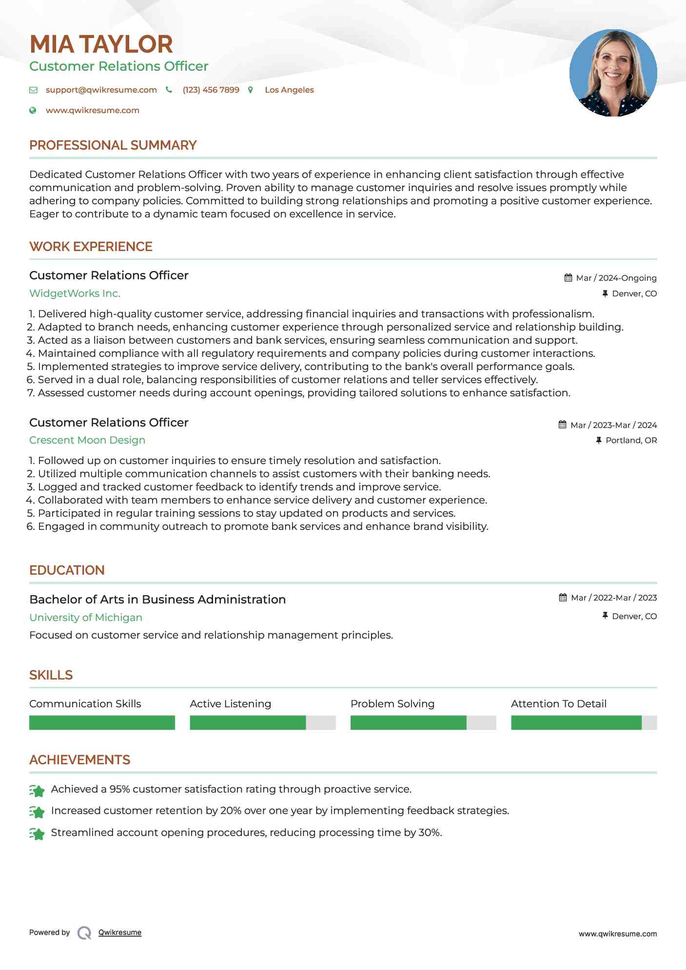 Customer Relations Officer Resume Template