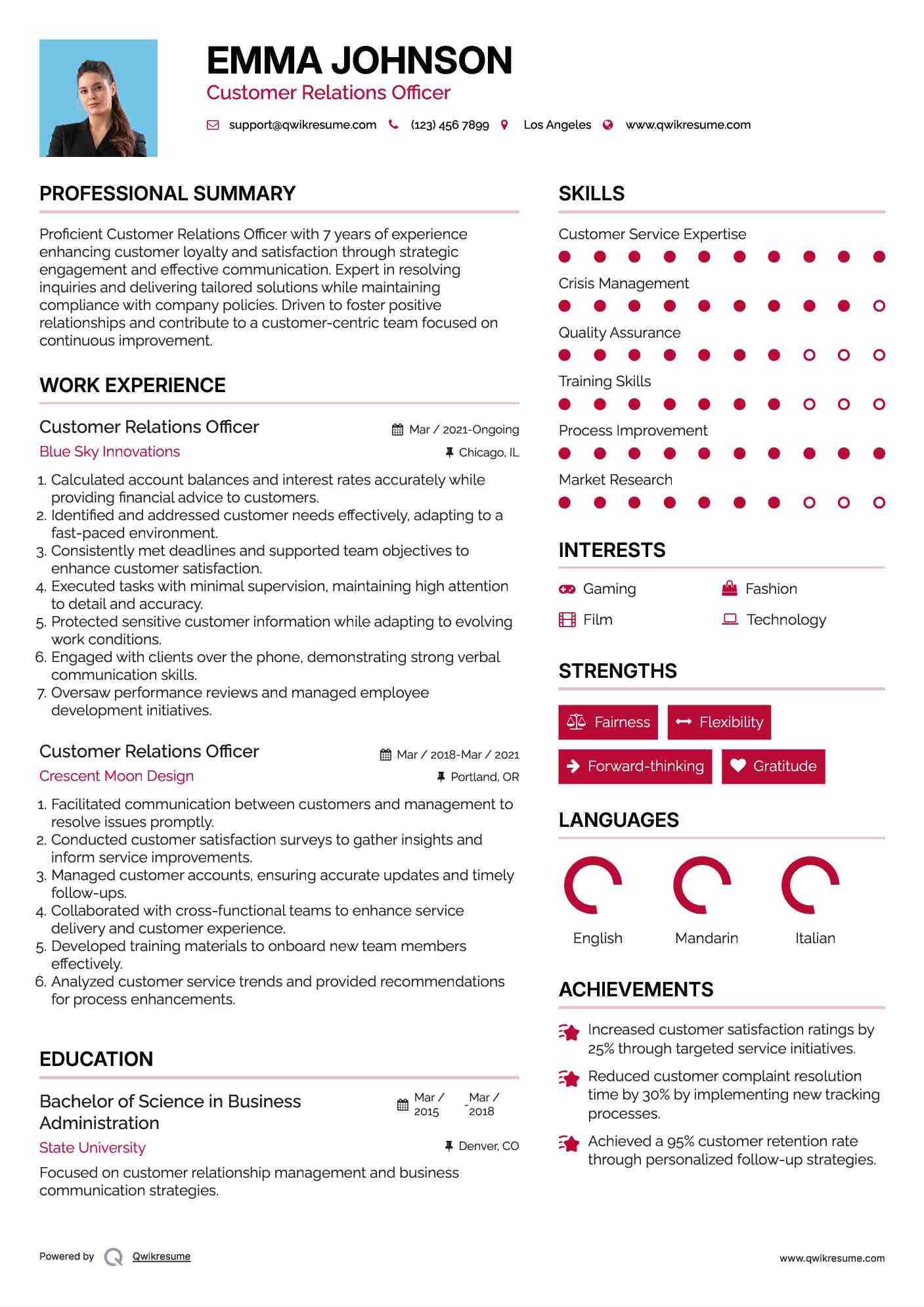 Customer Relations Officer Resume Sample