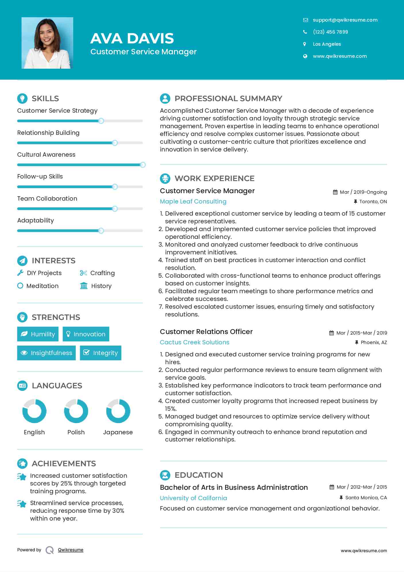 Customer Service Manager Resume Template