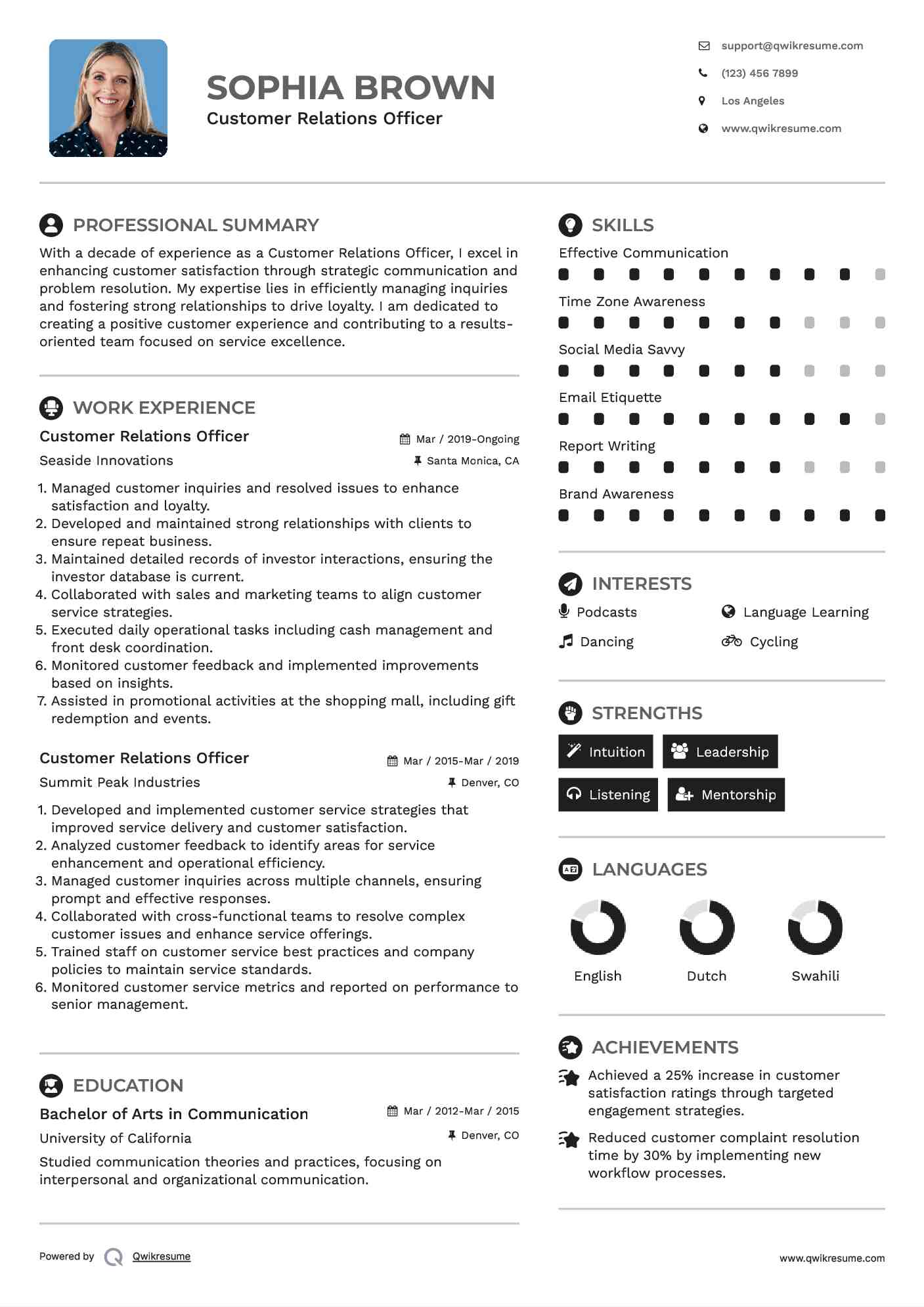 Customer Relations Officer Resume Format