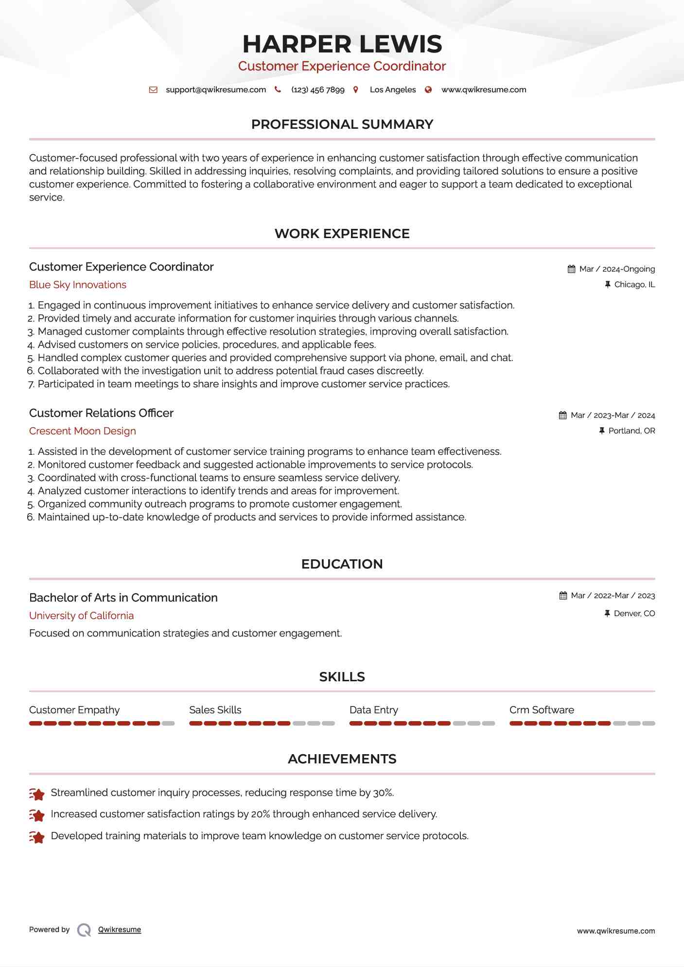 Customer Experience Coordinator Resume Sample