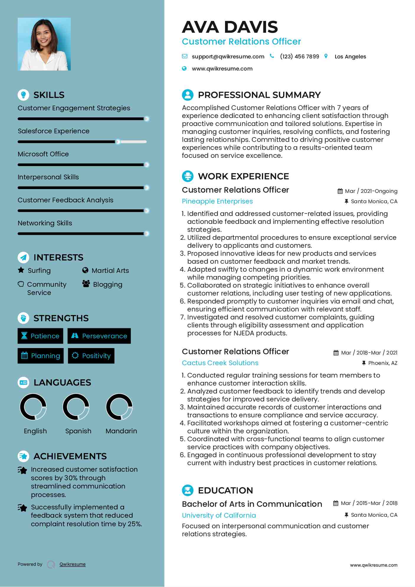 Customer Relations Officer Resume Example