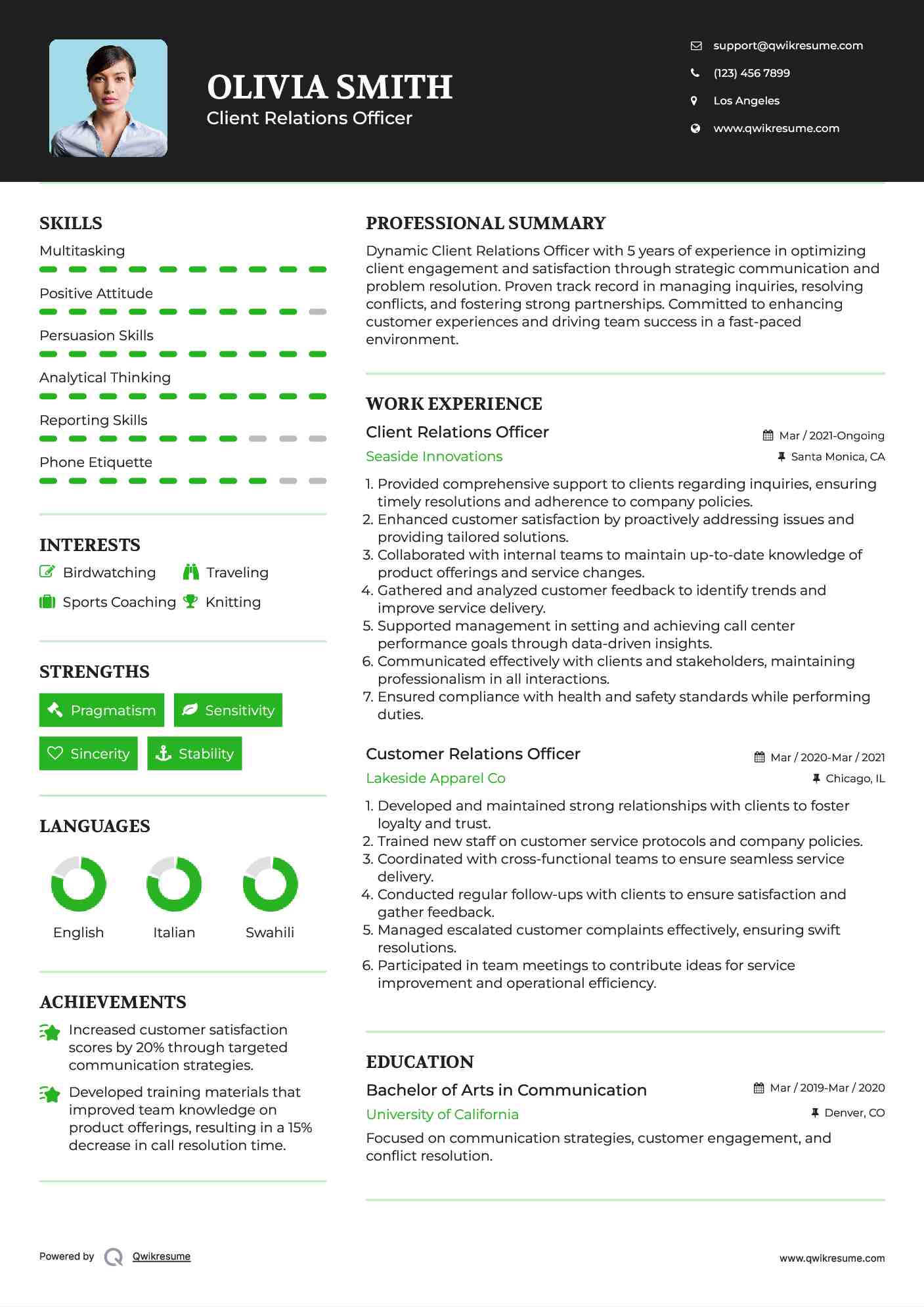 Client Relations Officer Resume Model