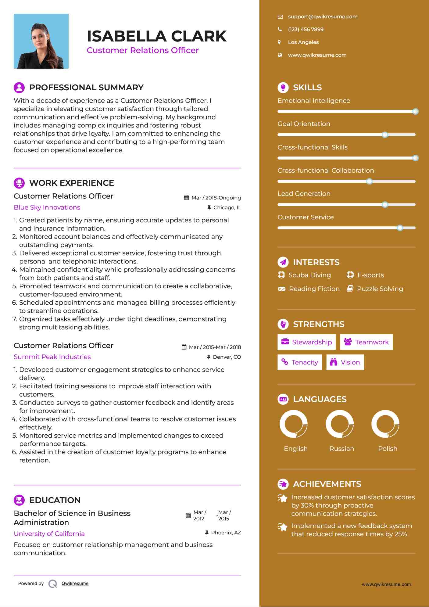 Customer Relations Officer Resume Model