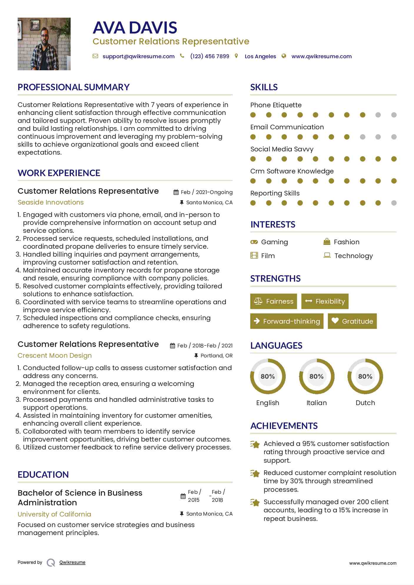 Customer Relations Representative Resume Example