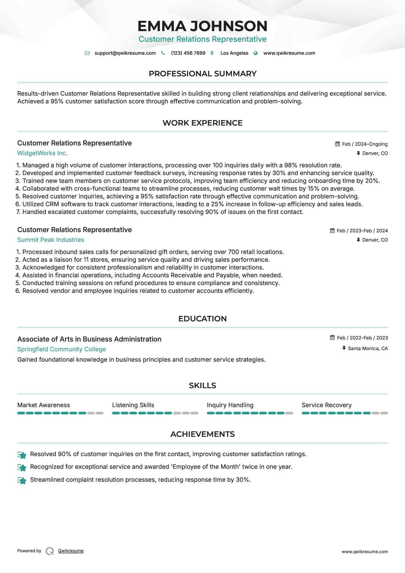 Customer Relations Representative Resume Sample