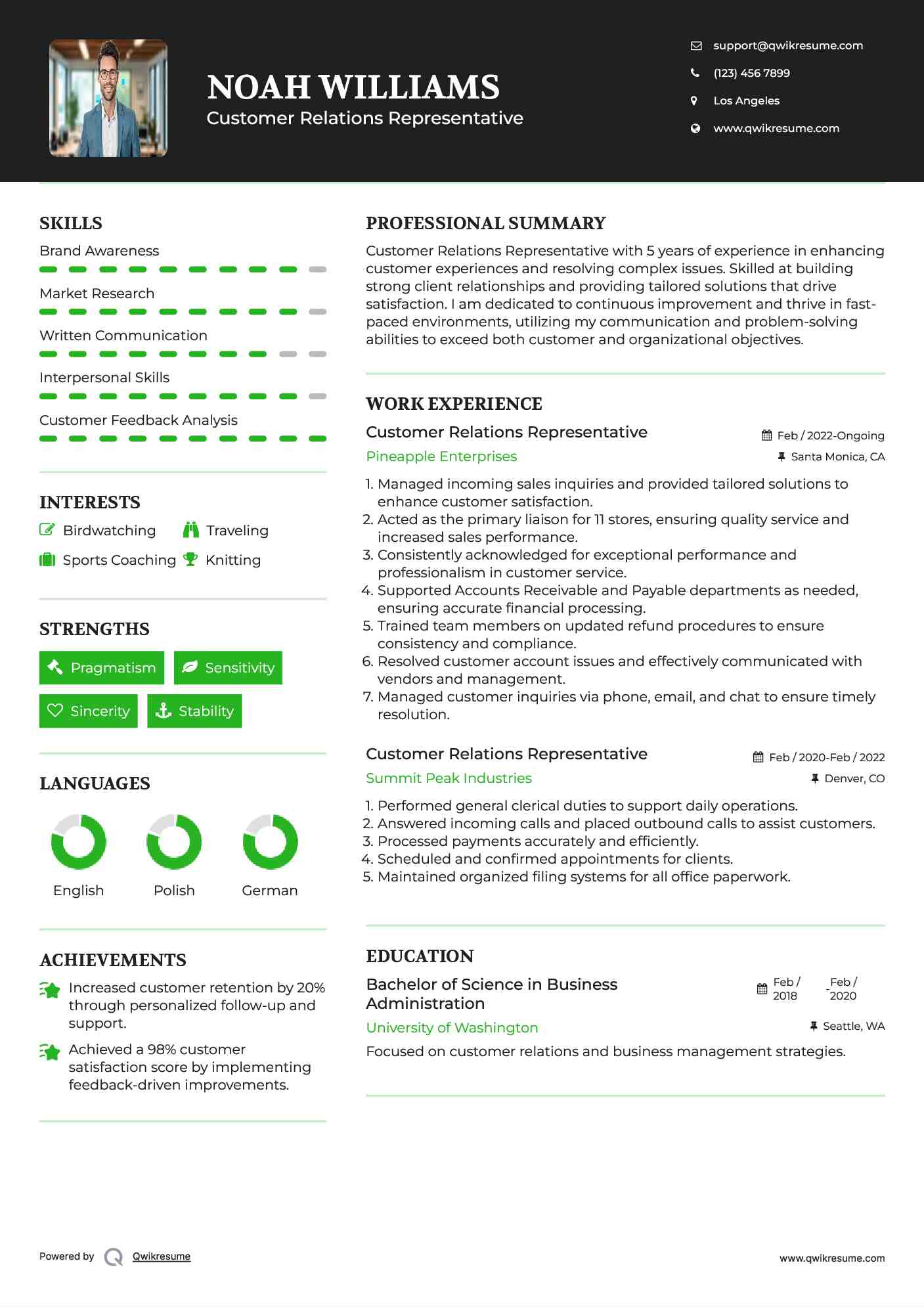 Customer Relations Representative Resume Example