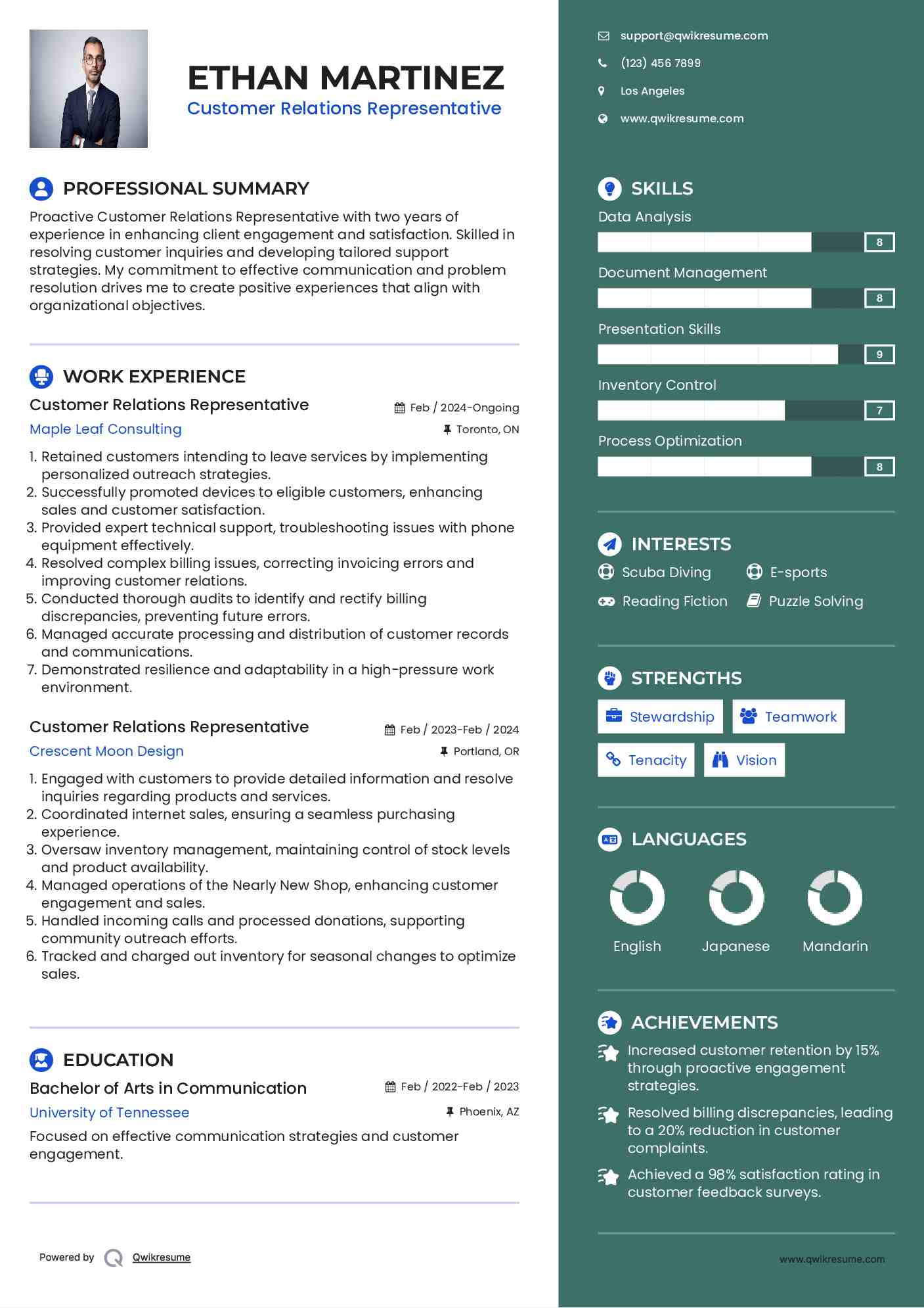Customer Relations Representative Resume Example