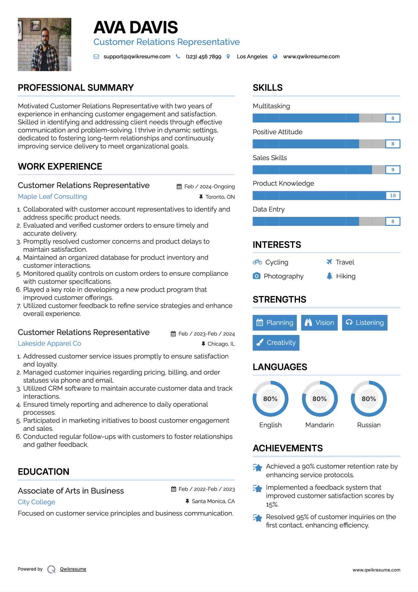 Customer Relations Representative Resume Template