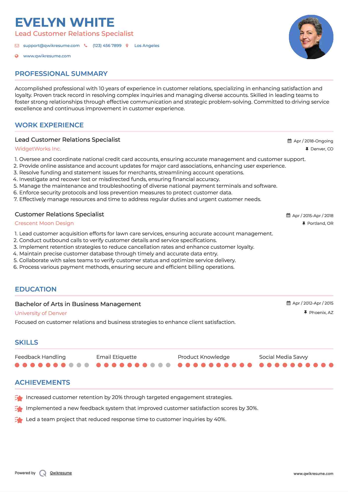 Lead Customer Relations Specialist Resume Format