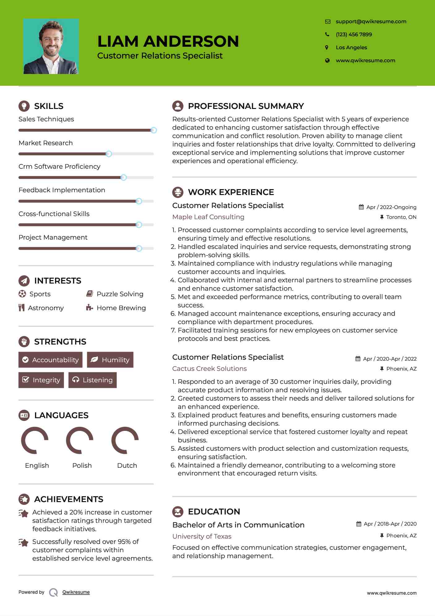 Customer Relations Specialist Resume Example