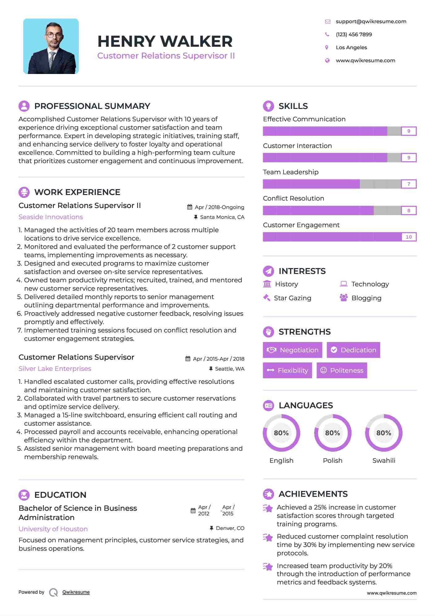 Customer Relations Supervisor II Resume Template