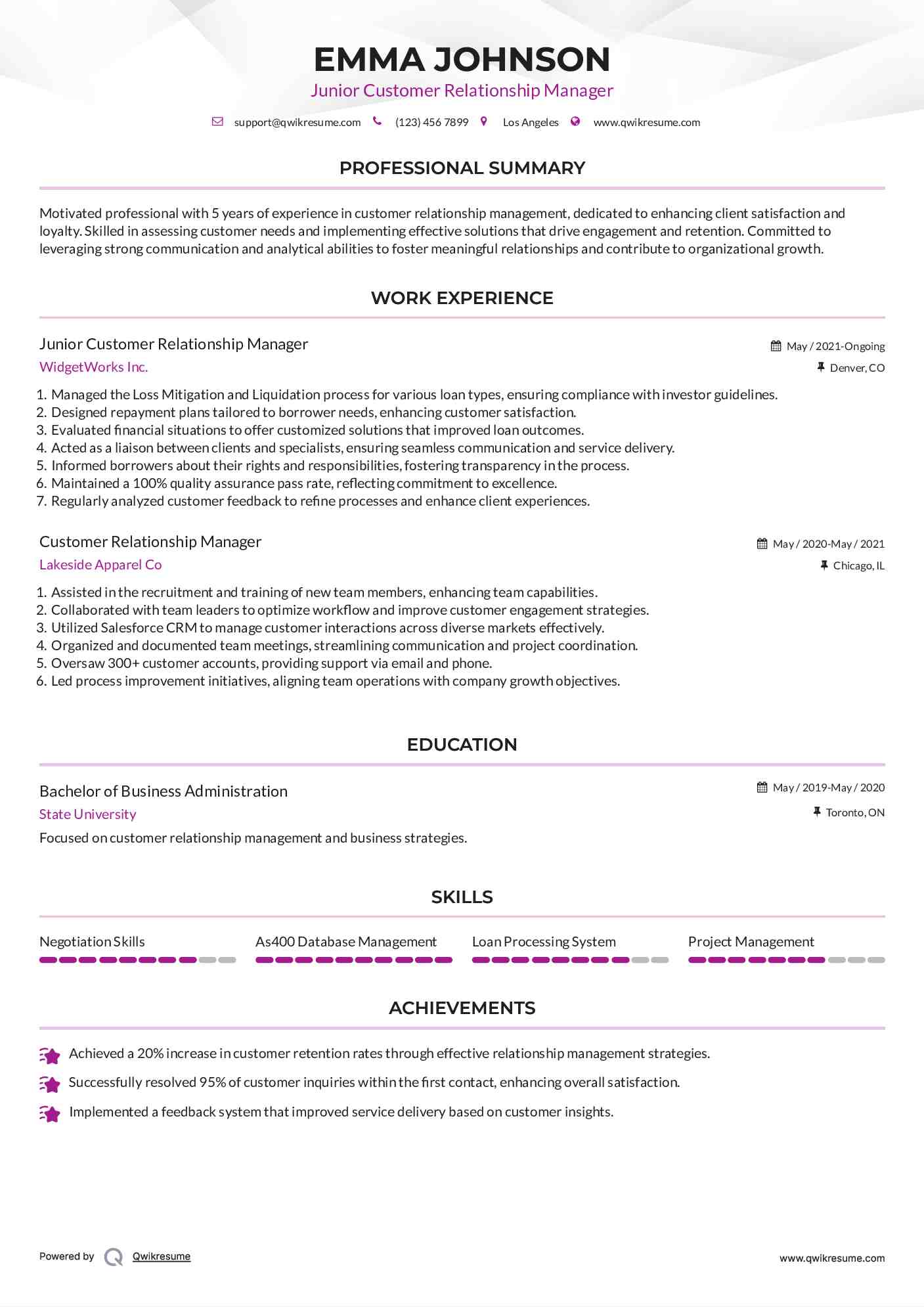 Junior Customer Relationship Manager Resume Template